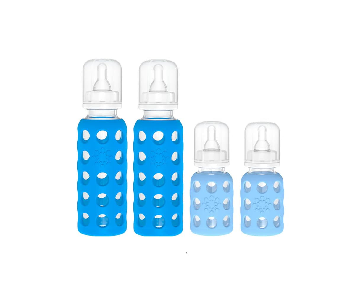 Lifefactory 4oz bottle with silicone sleeve for secure grip and easy everyday feeding.