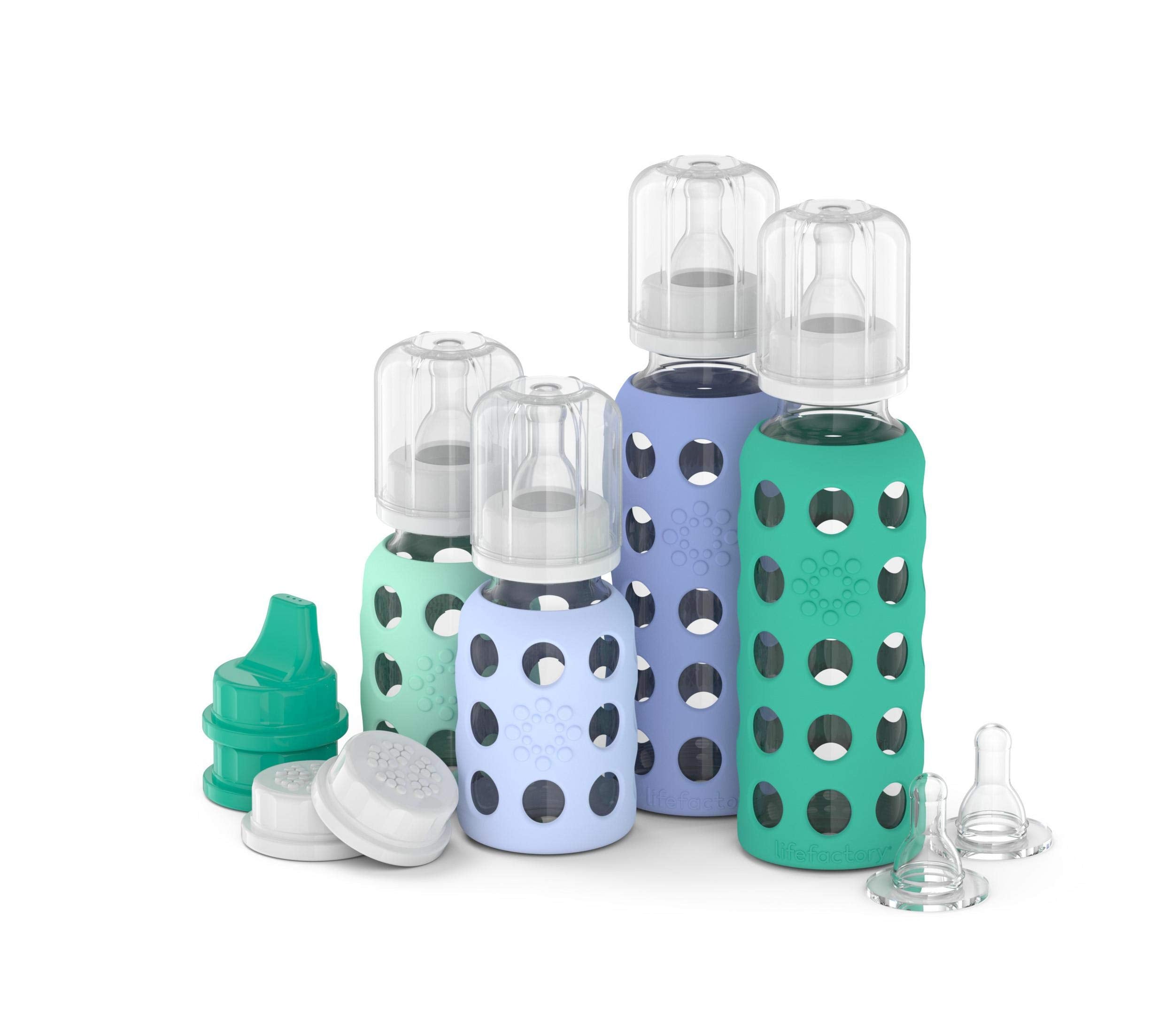 Lifefactory 9 oz Kale & Blueberry bottle with protective sleeve for secure handling.