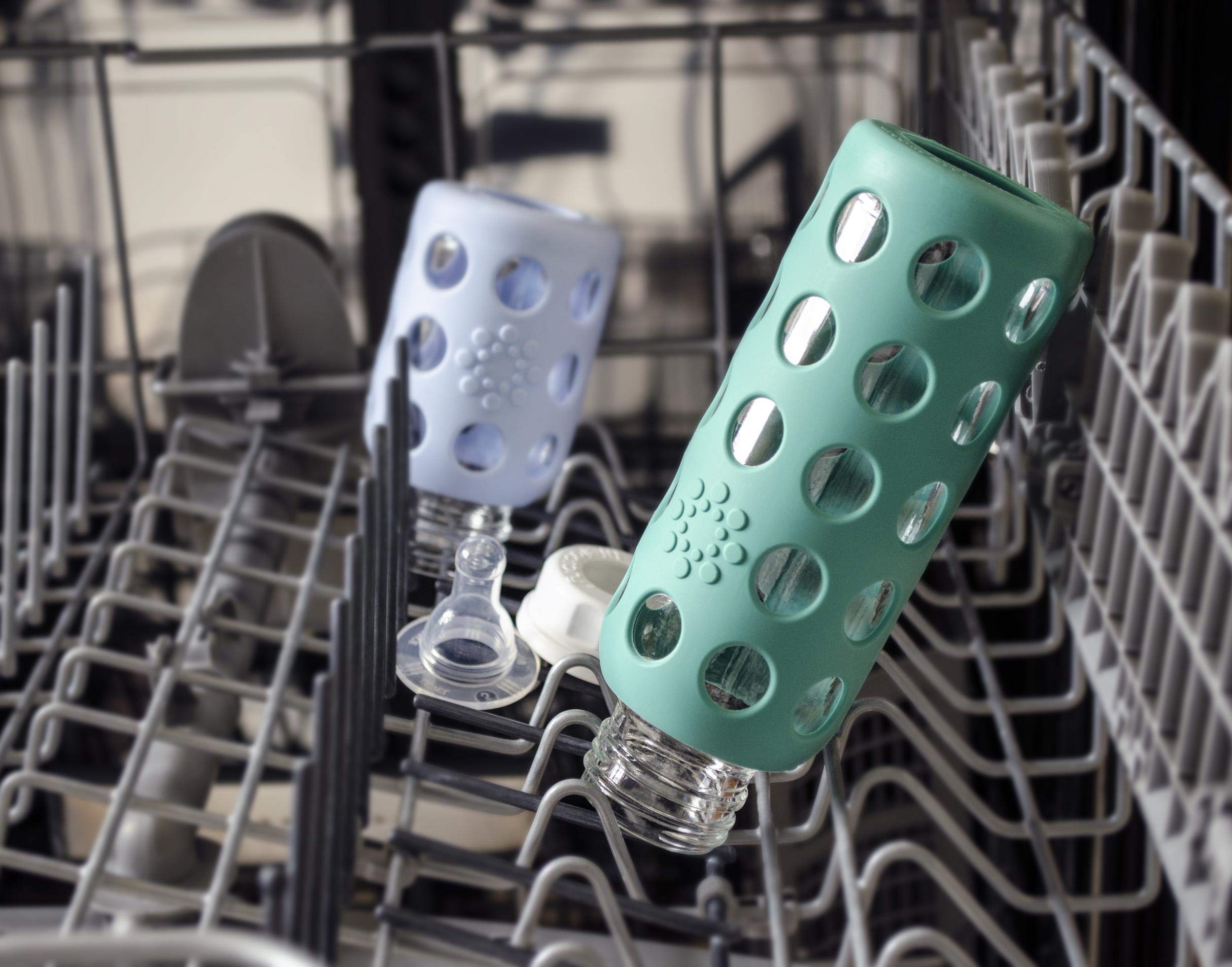 Lifefactory 9oz kale grape bottle shown with stage 2 nipple for growing babies.