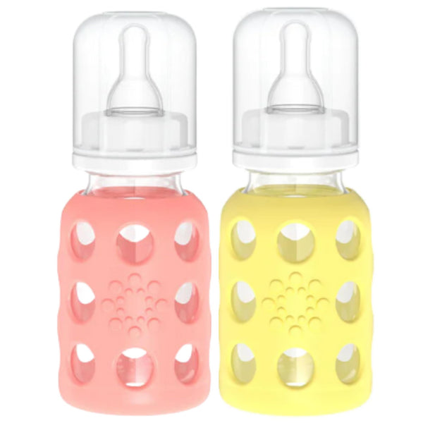 Lifefactory 4oz glass baby bottle with cantaloupe sleeve for easy grip