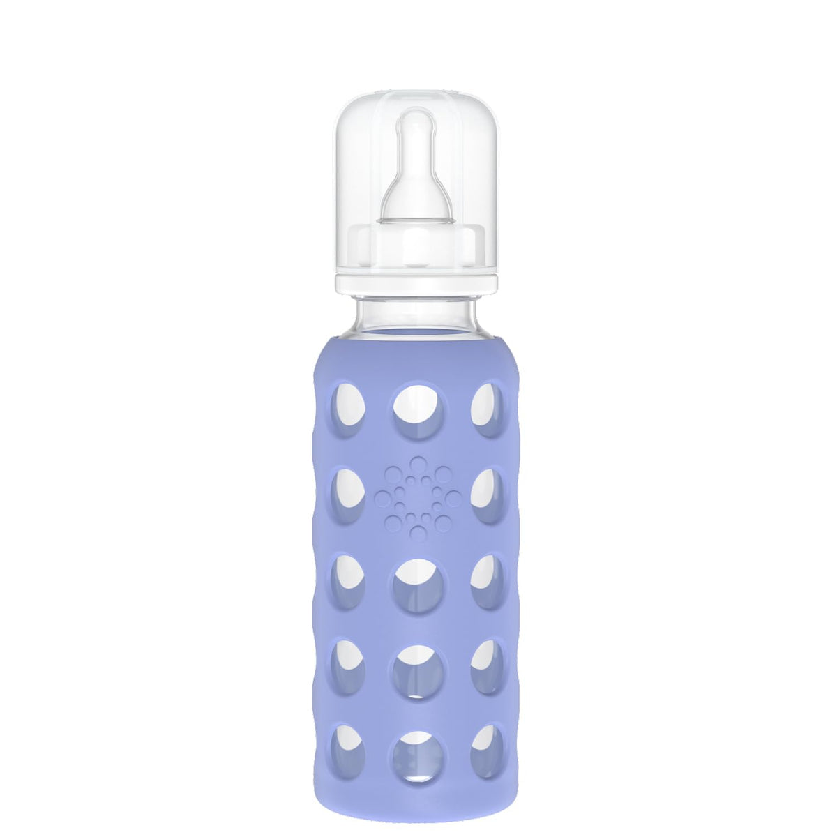 Lifefactory blueberry bottle glass with silicone sleeve for easy grip during feeding