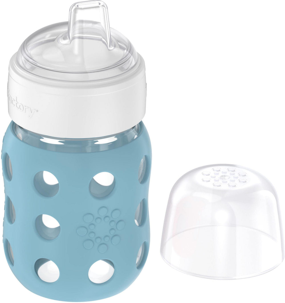 Lifefactory borosilicate glass core protected by durable bottle sleeve.