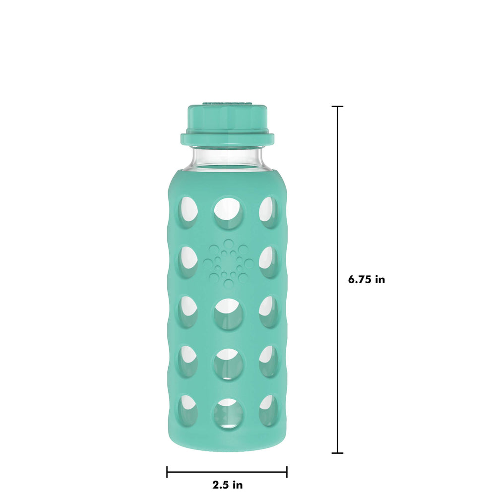 Clear borosilicate glass bottle by Lifefactory in Kale shows water level clearly.