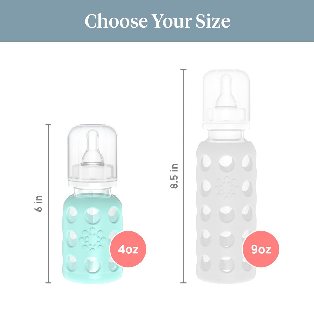 Mint-colored Lifefactory bottle with clear glass.