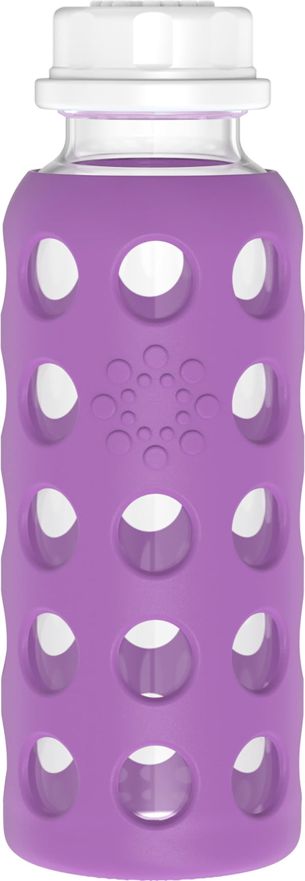 Lifefactory grape bottle with flat-cap silicone sleeve for a secure grip.