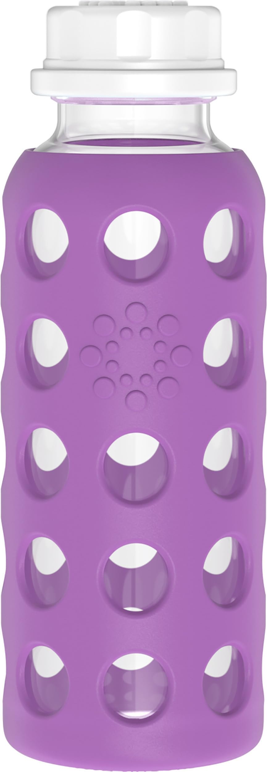 Lifefactory grape bottle with flat-cap silicone sleeve for a secure grip.