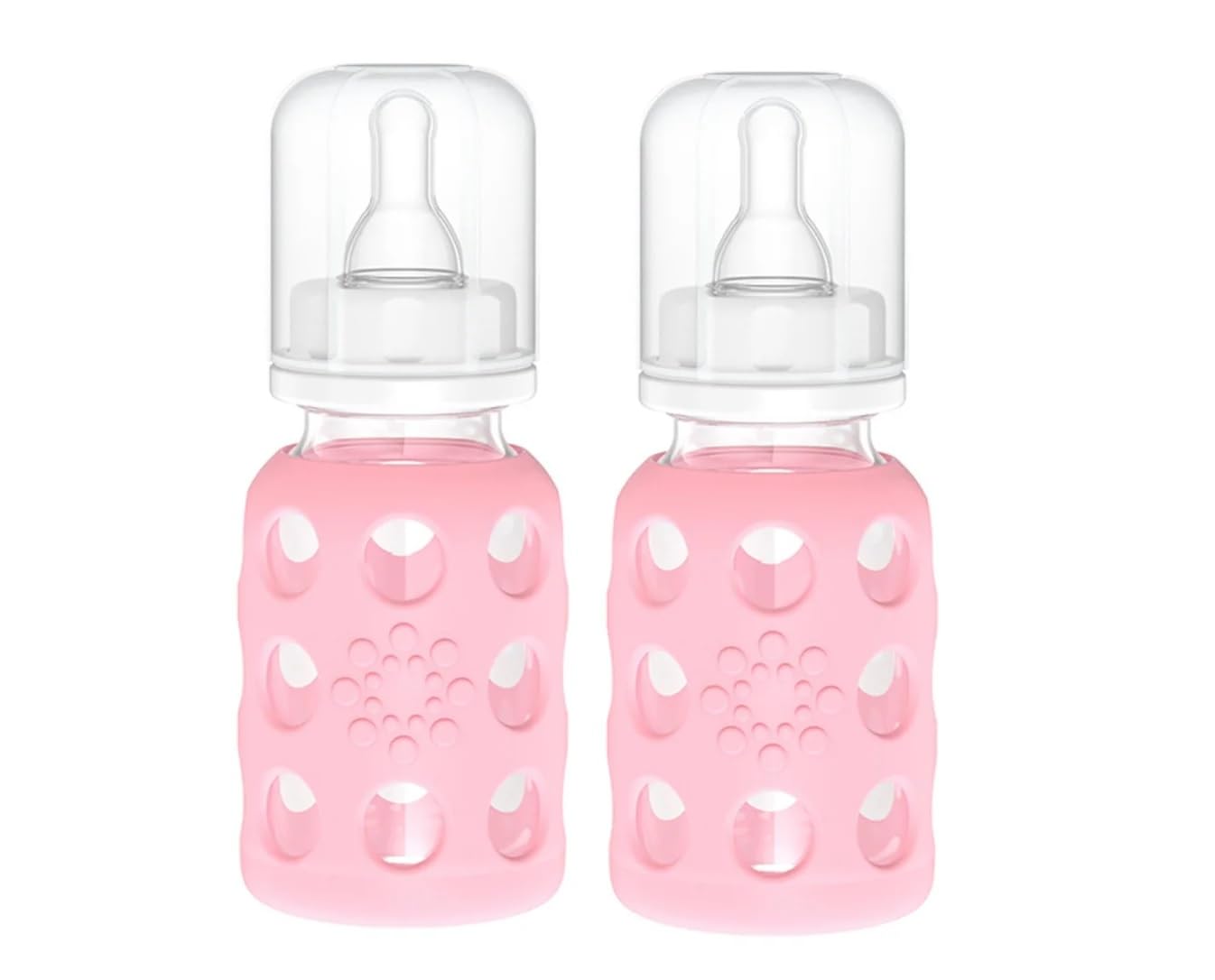 Lifefactory pink silicone sleeve on glass baby bottle for secure grip during feeding.
