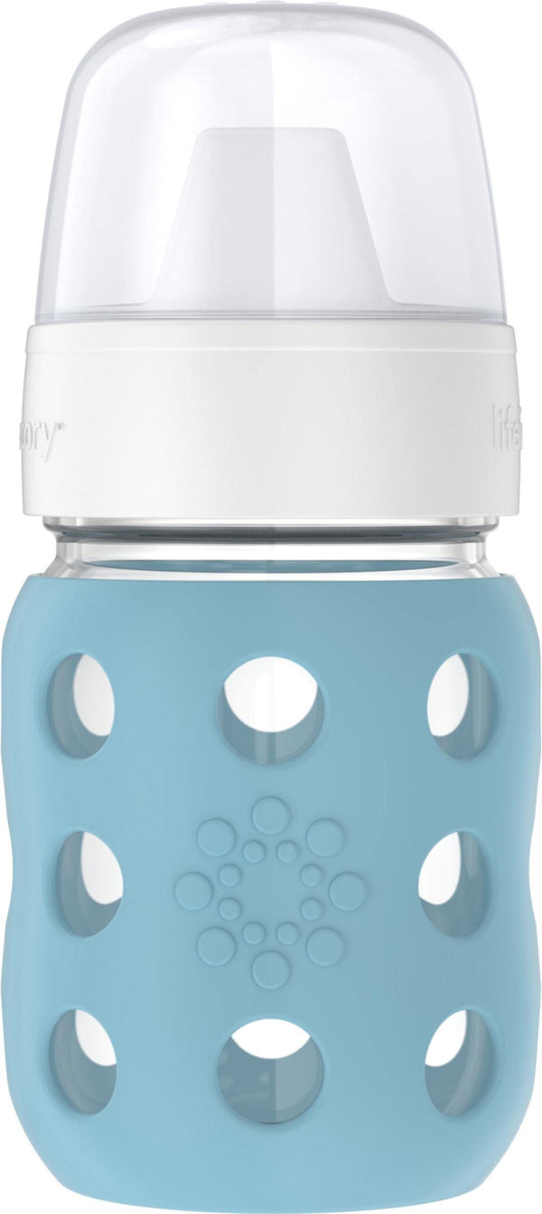 Lifefactory Denim 8oz wide-neck glass bottle with protective sleeve for easy handling