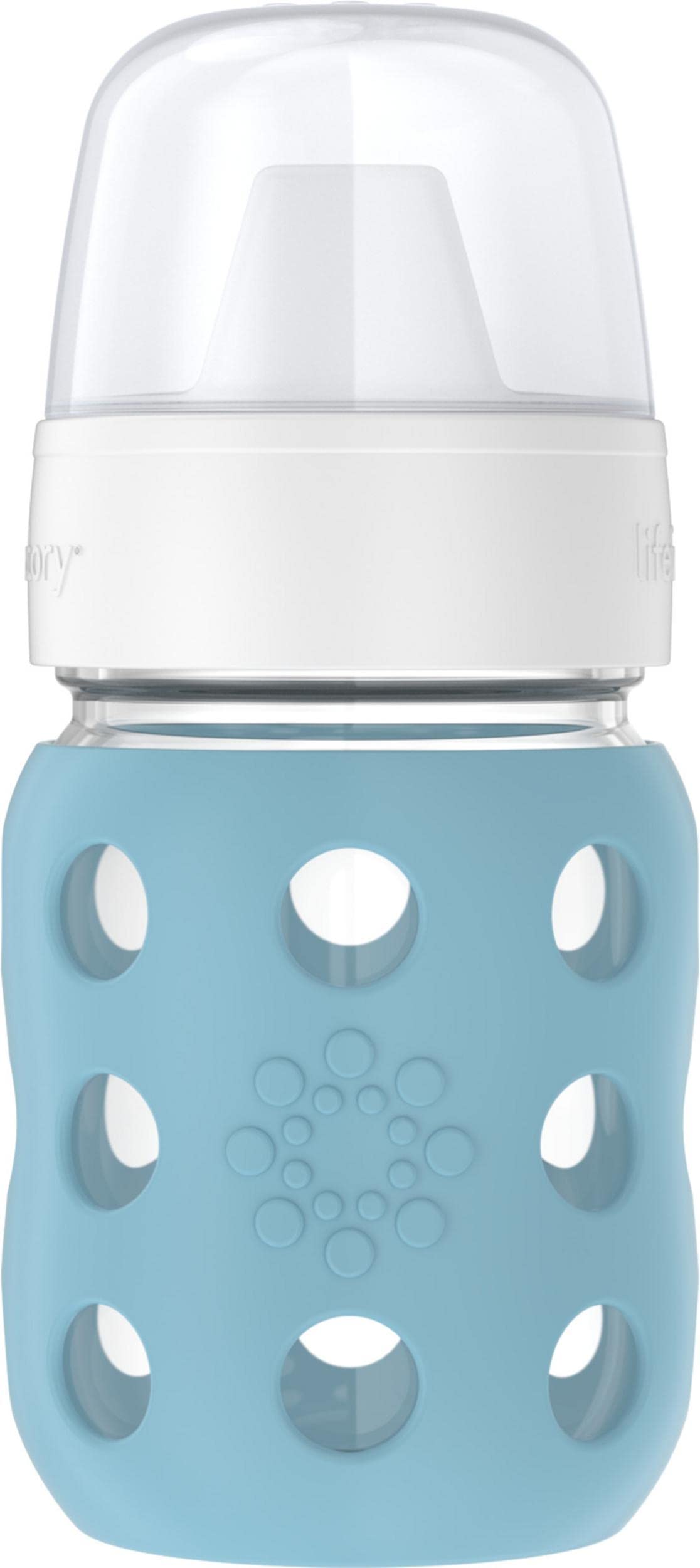 Lifefactory Denim 8oz wide-neck glass bottle with protective sleeve for easy handling