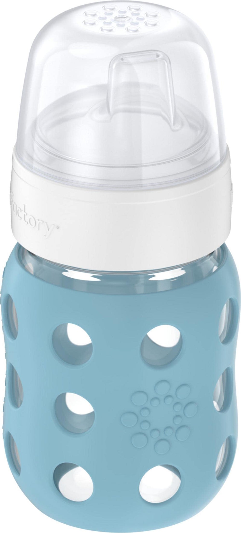 Lifefactory denim sippy spout close-up for smooth transition from nipple.