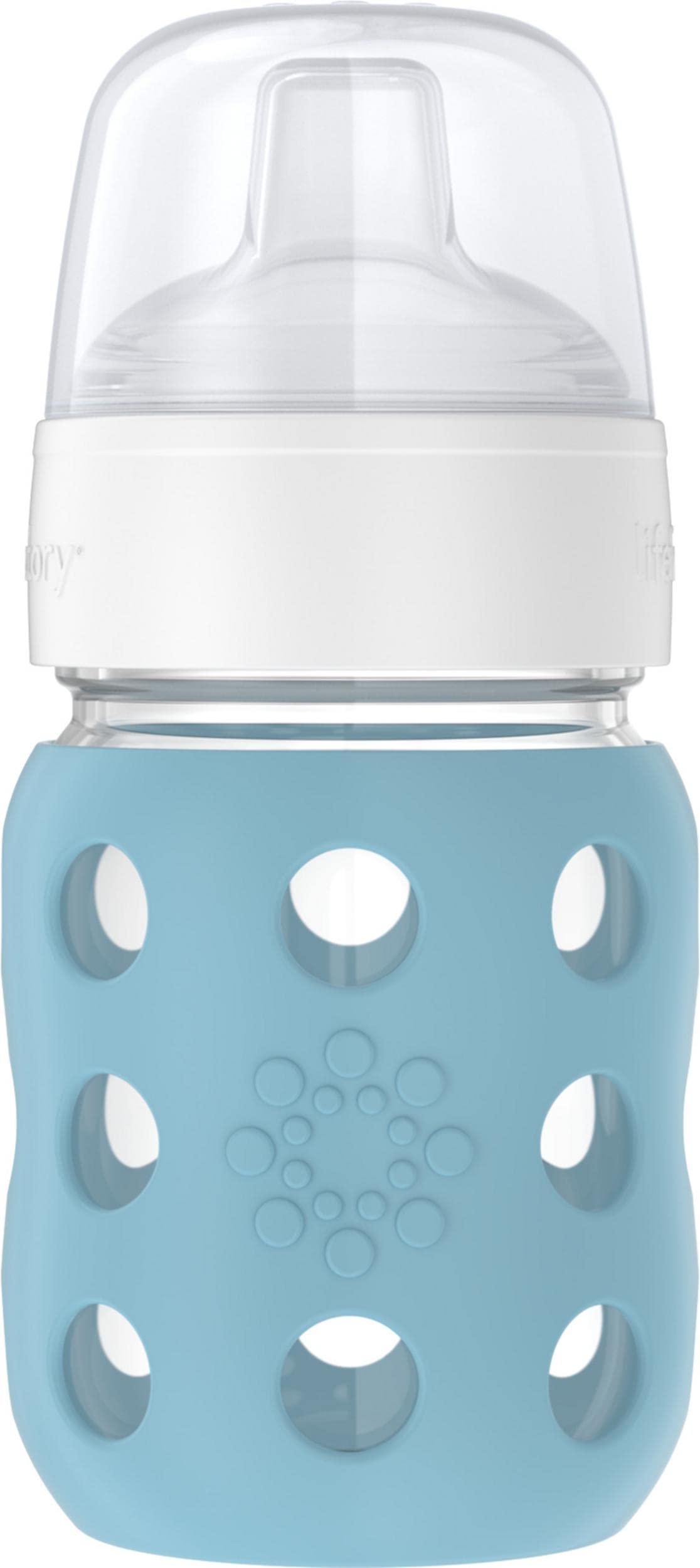 Lifefactory denim wide-neck bottle with silicone sleeve for secure grip.