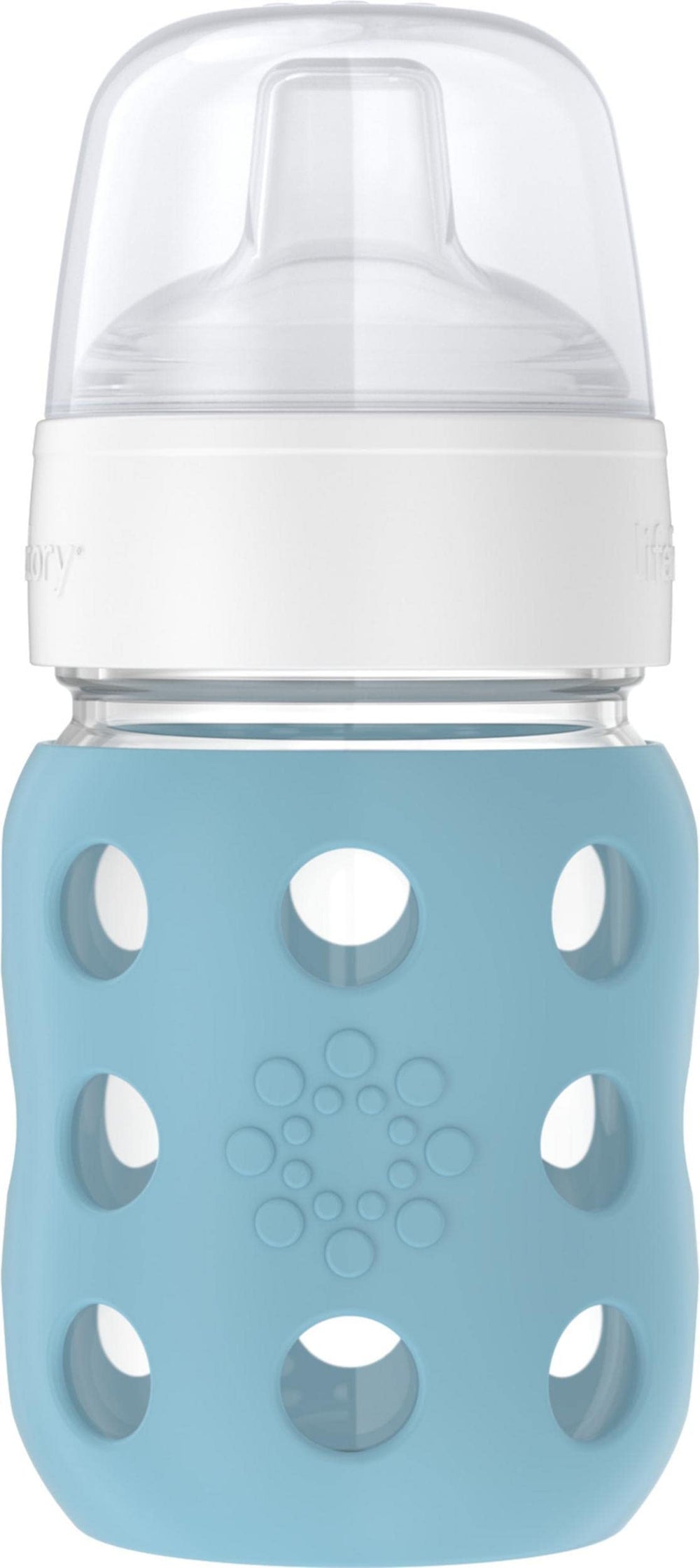 Lifefactory denim wide-neck bottle with silicone sleeve for secure grip.