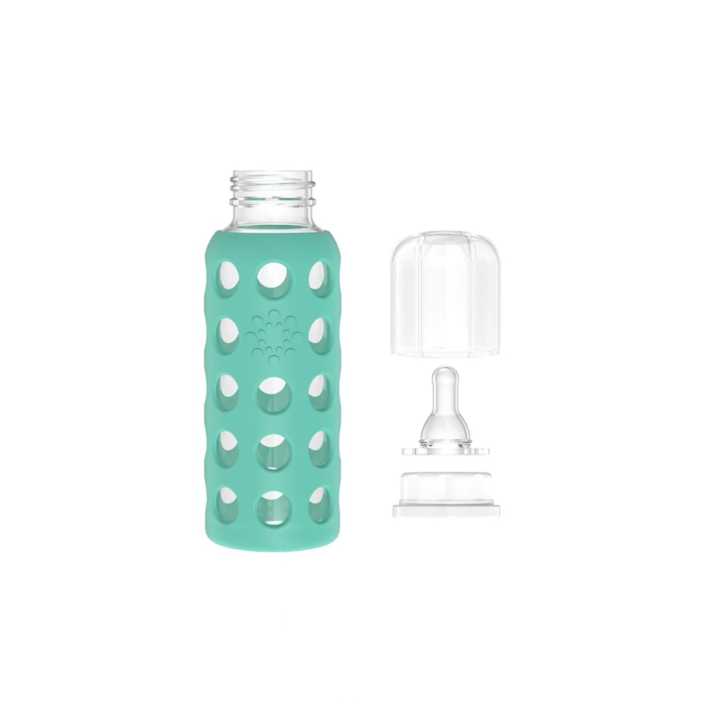Lifefactory glass bottle shown in dishwasher-safe mode for easy cleaning.