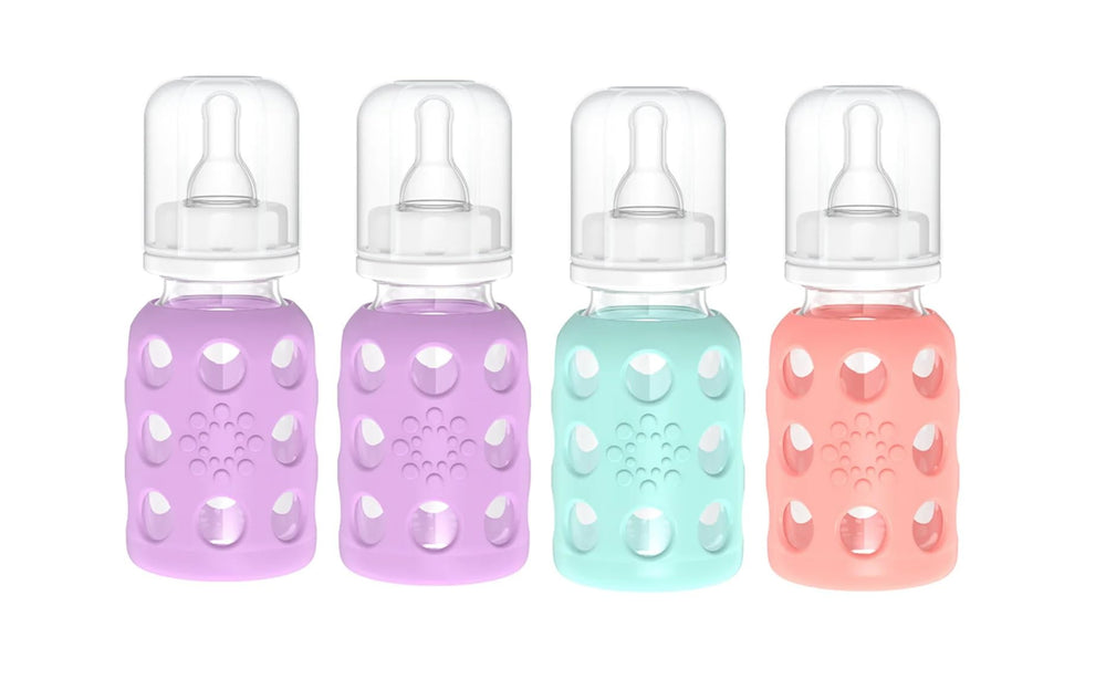 Lifefactory glass baby bottle with lavender sleeve front view shows a grippy, colorful feeding option