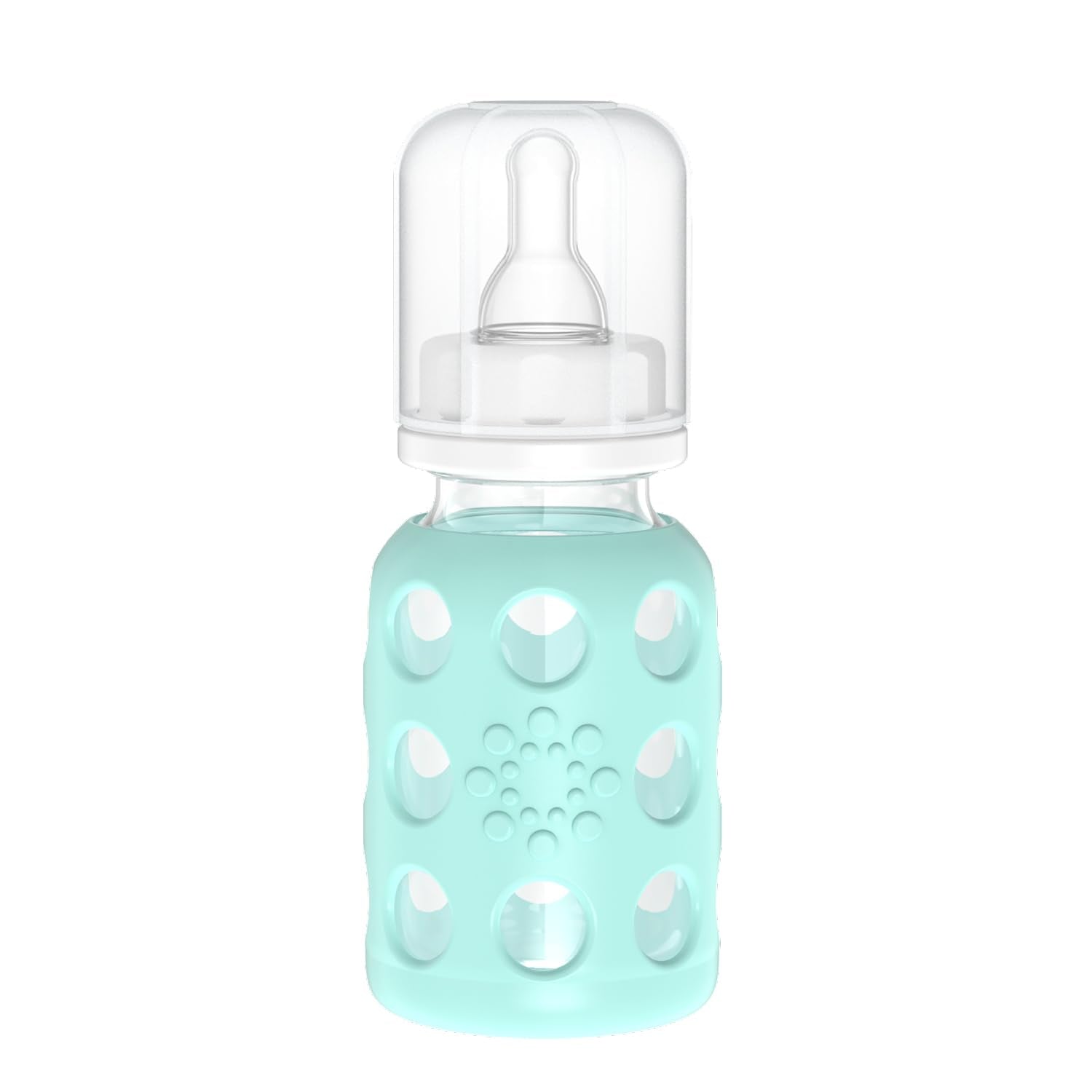 Lifefactory glass baby bottle with mint sleeve for secure grip.