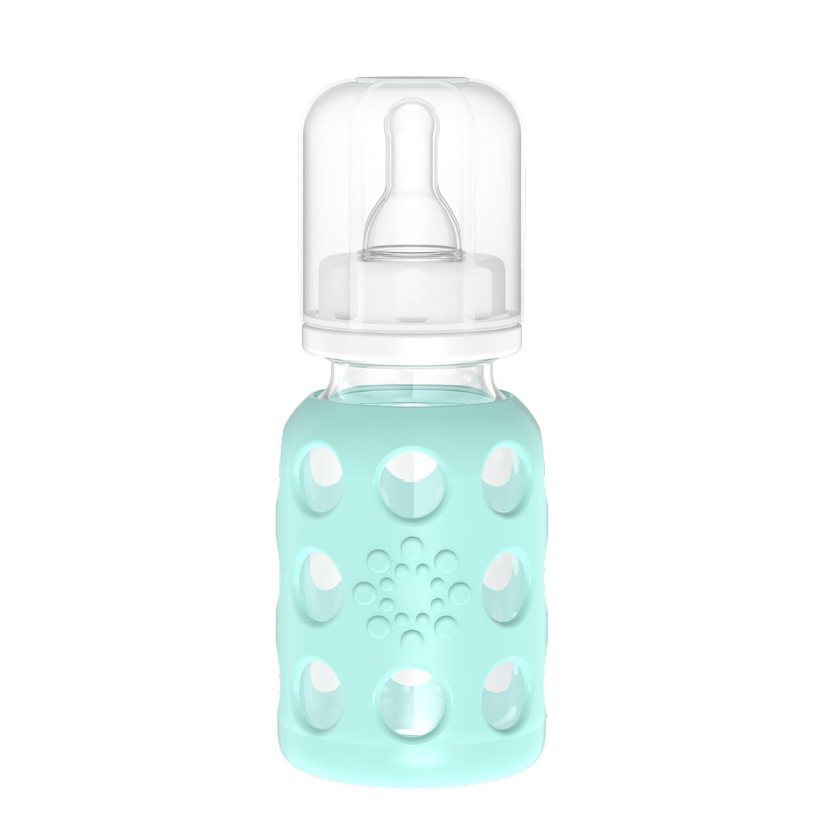 Lifefactory glass baby bottle with mint sleeve for secure grip.