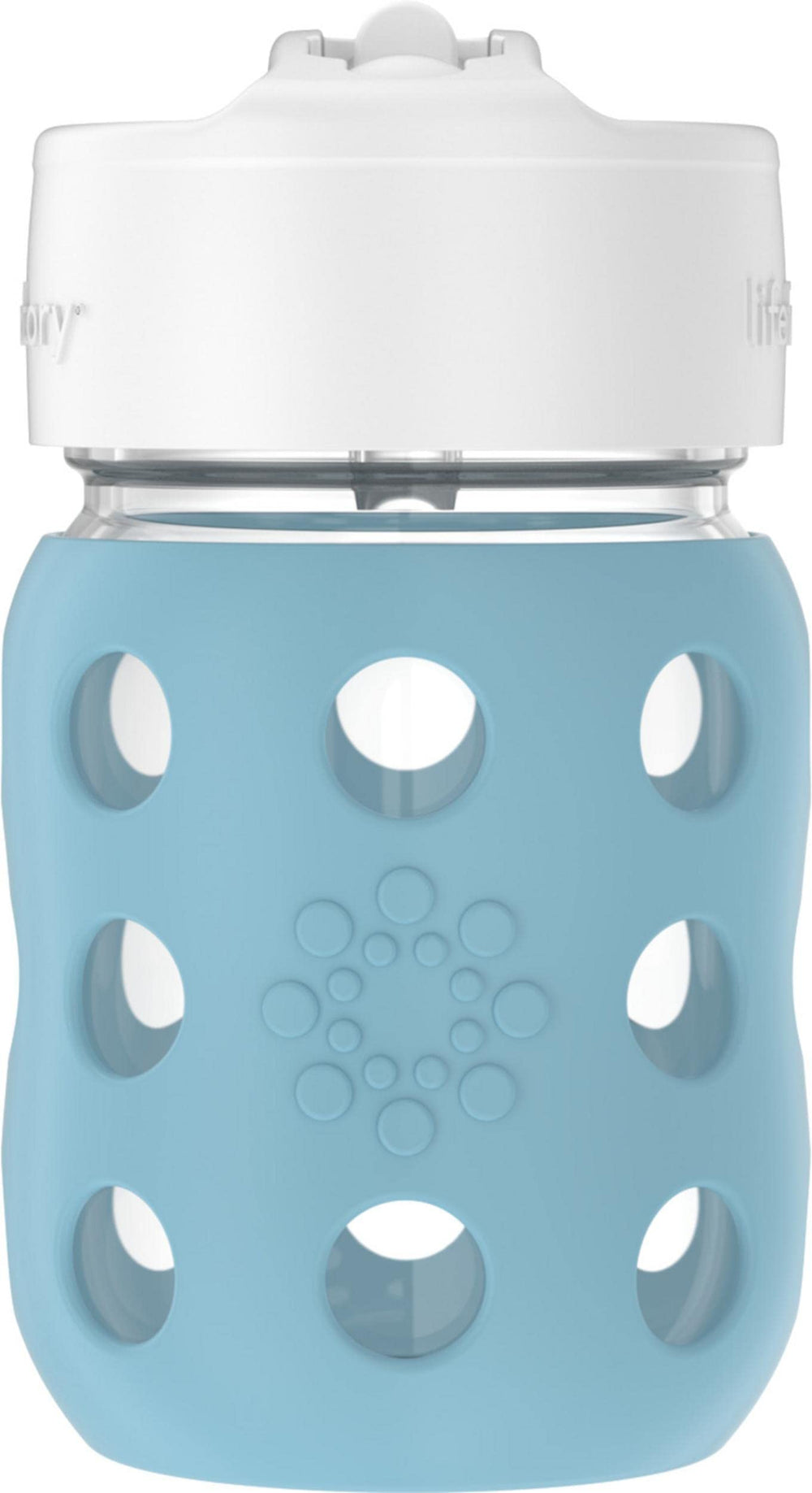 Lifefactory pivot straw cap in denim folds into lid for easy sipping