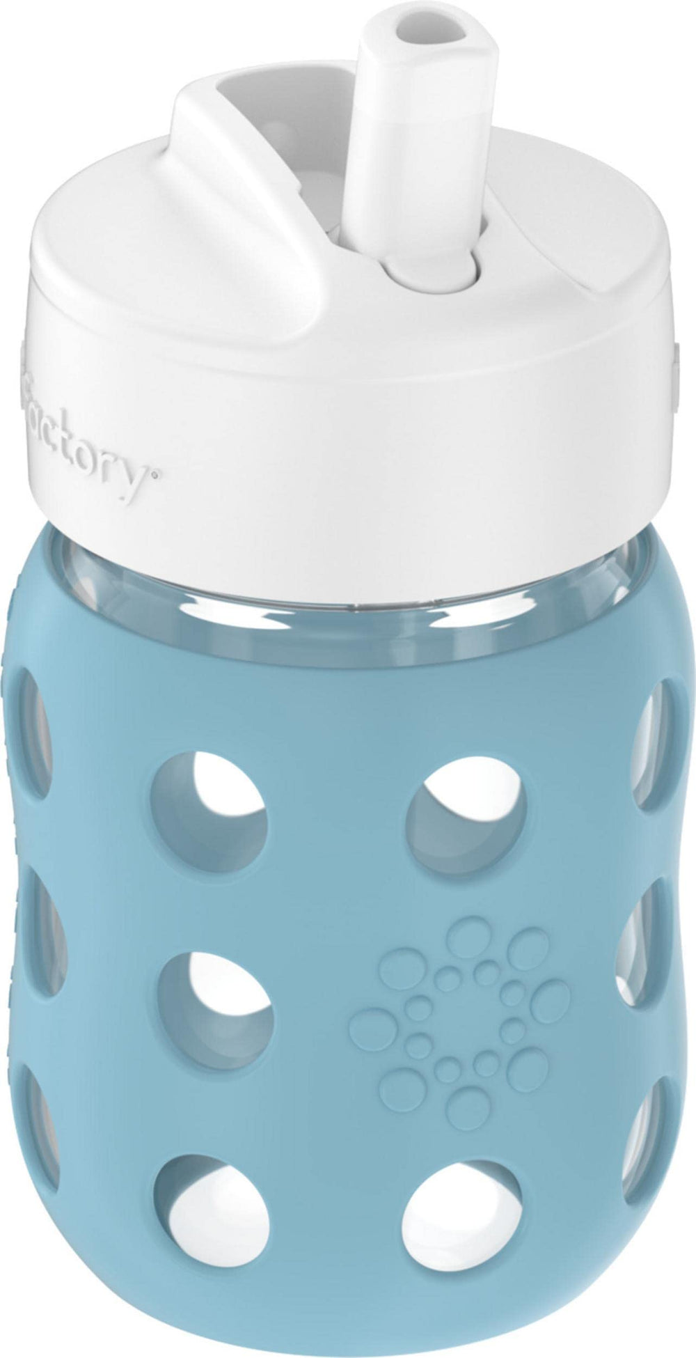 Close-up of Lifefactory silicone sleeve on a blue denim bottle