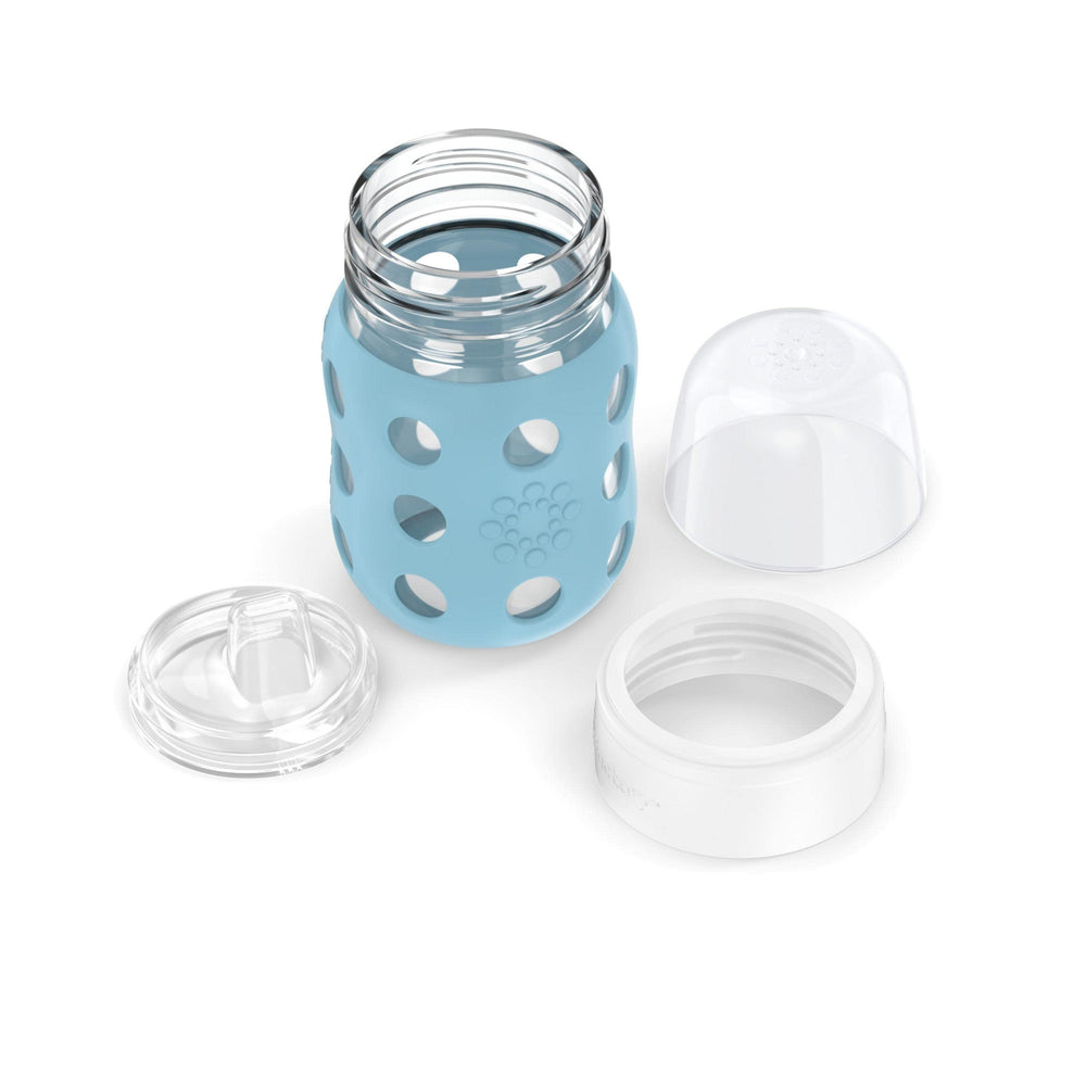 Lifefactory silicone sleeve and grip support one-handed feeding.