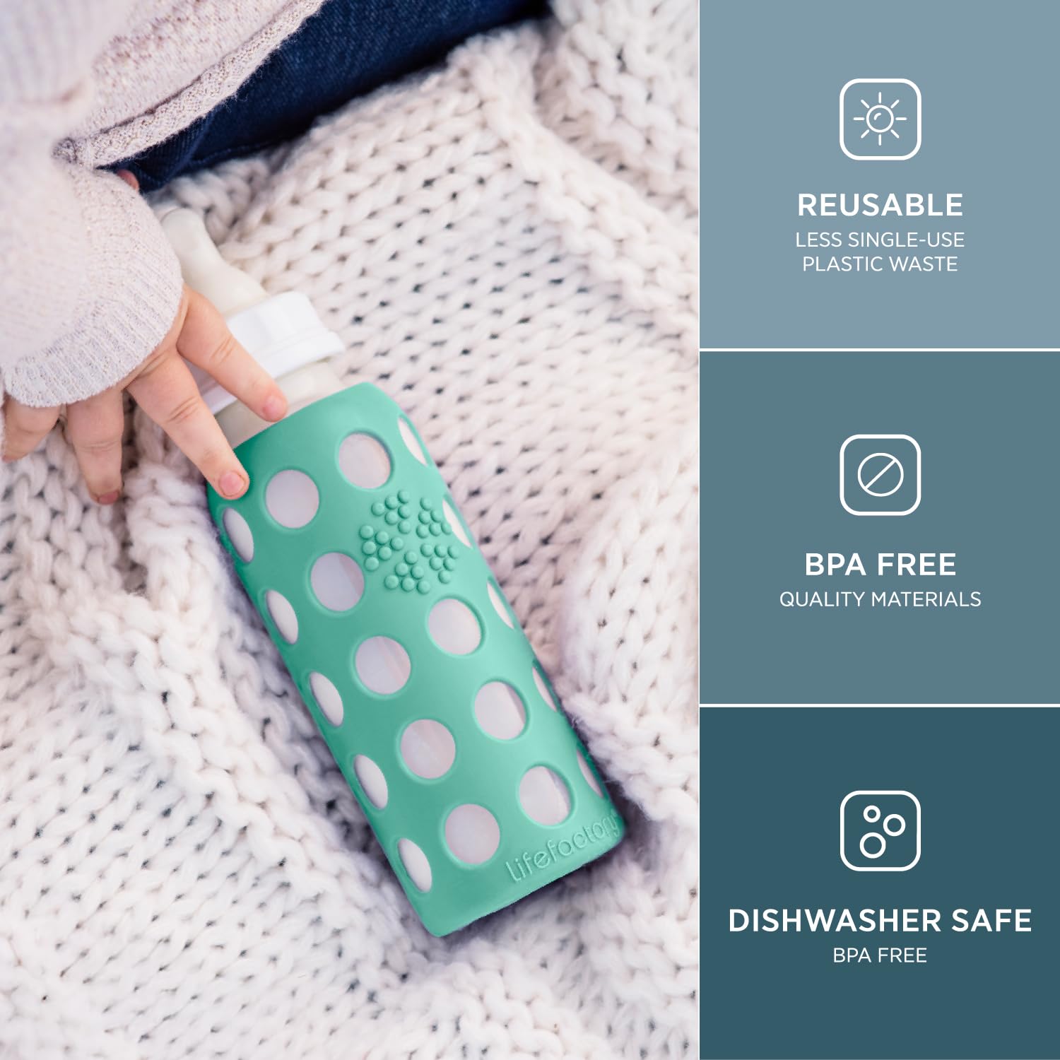 Lifefactory silicone sleeve provides protective grip around the bottle.
