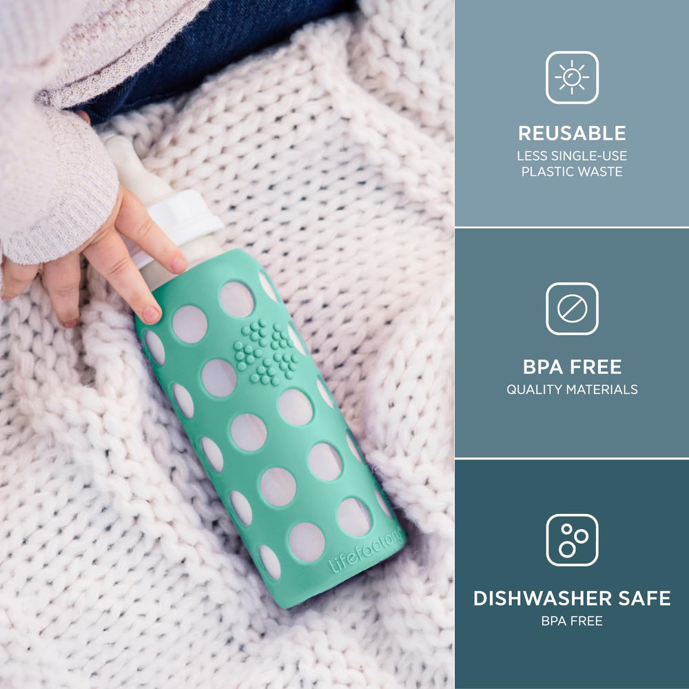 Lifefactory silicone sleeve provides protective grip around the bottle.