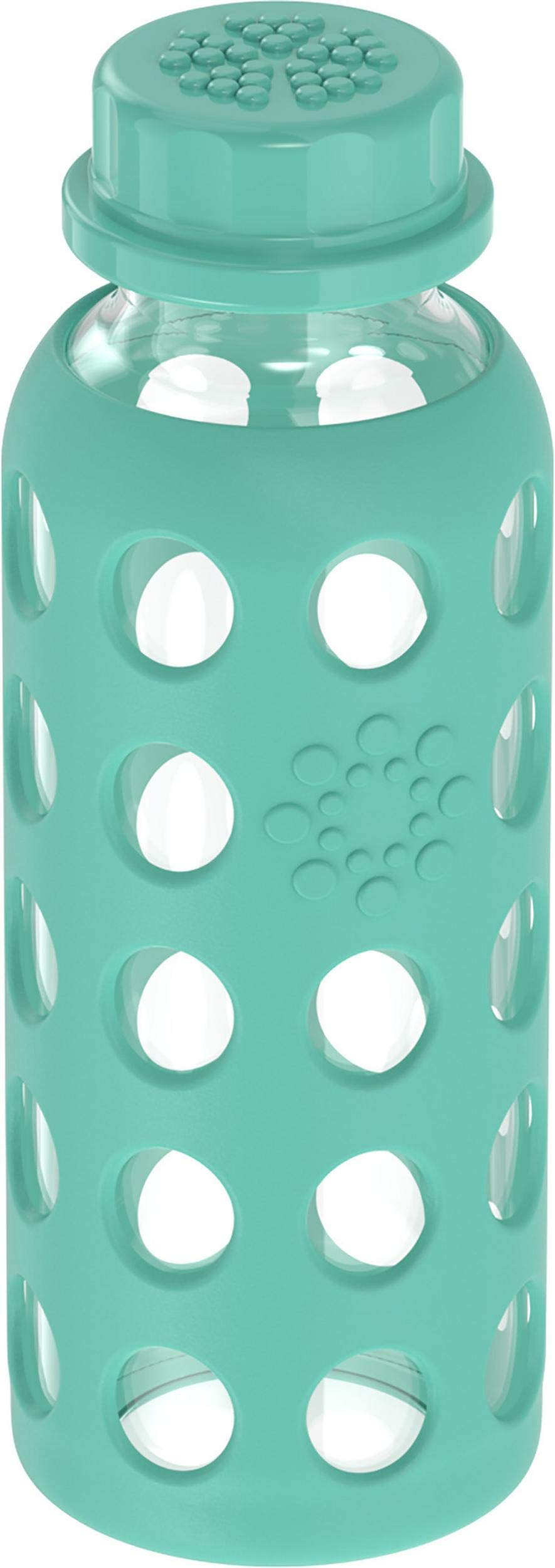Silicone sleeve on Lifefactory bottle provides grip and drop protection for active kids on the go.