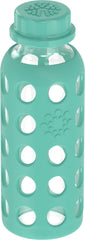Silicone sleeve on Lifefactory bottle provides grip and drop protection for active kids on the go.
