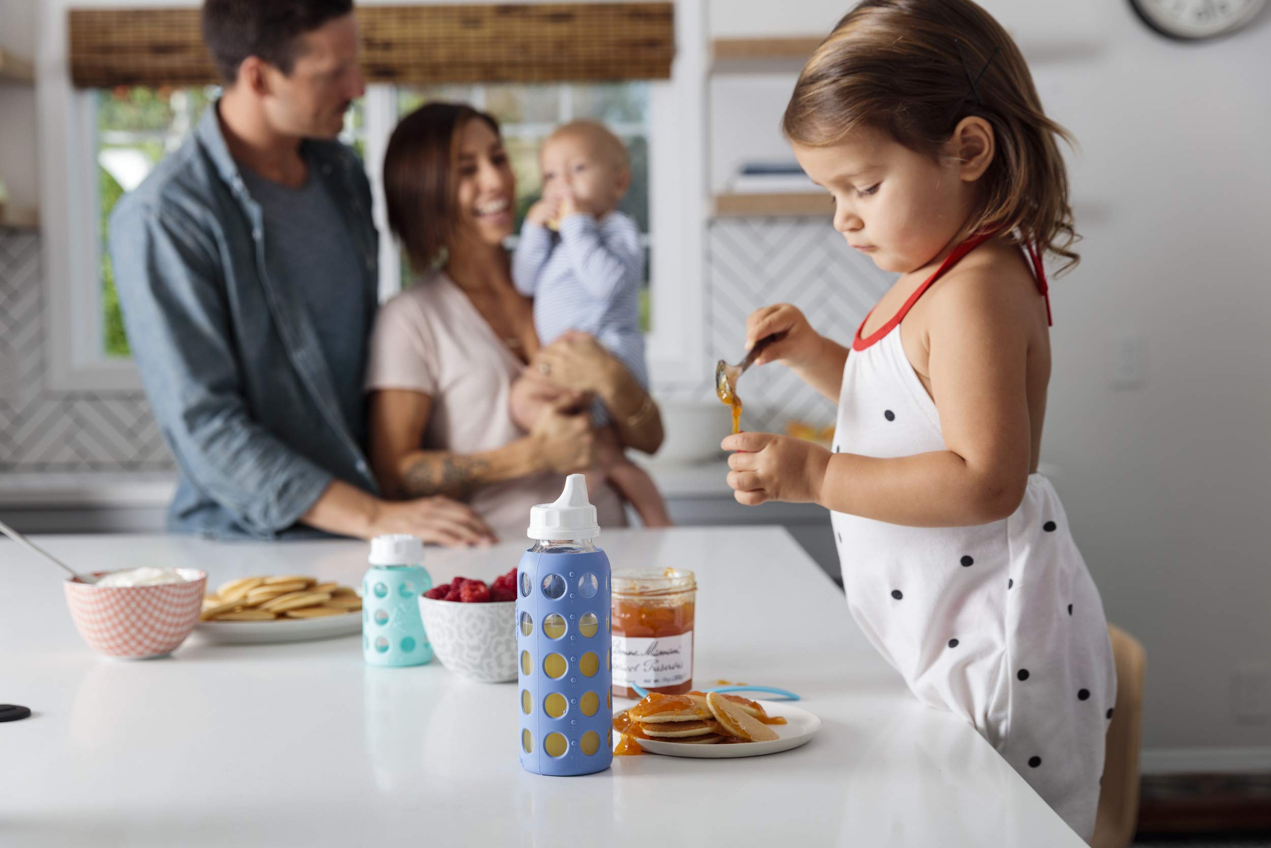 Lifefactory sippy caps for leak-free transitions and on-the-go feeding.