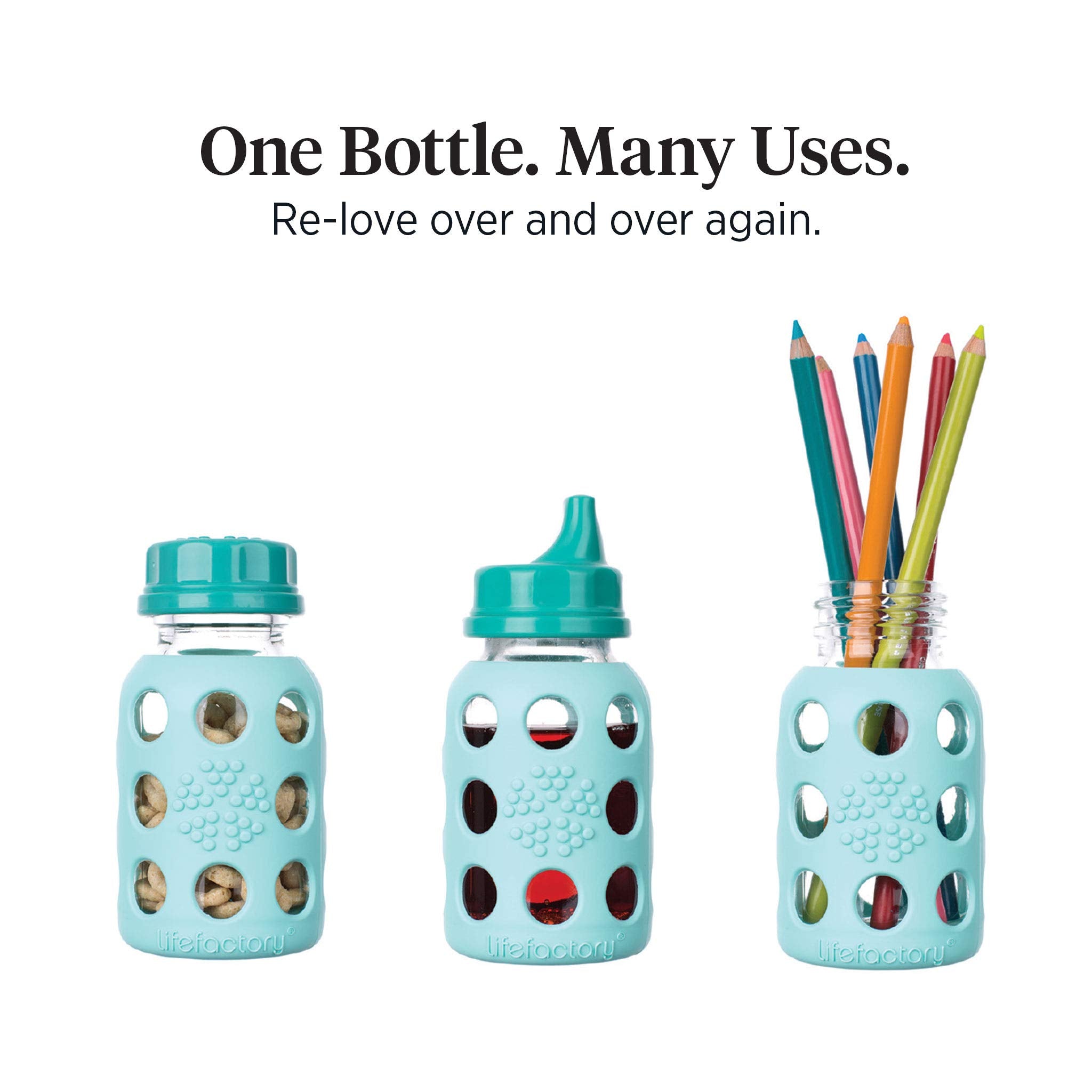 Lifefactory sippy cap for transitional drinking with a durable bottle.
