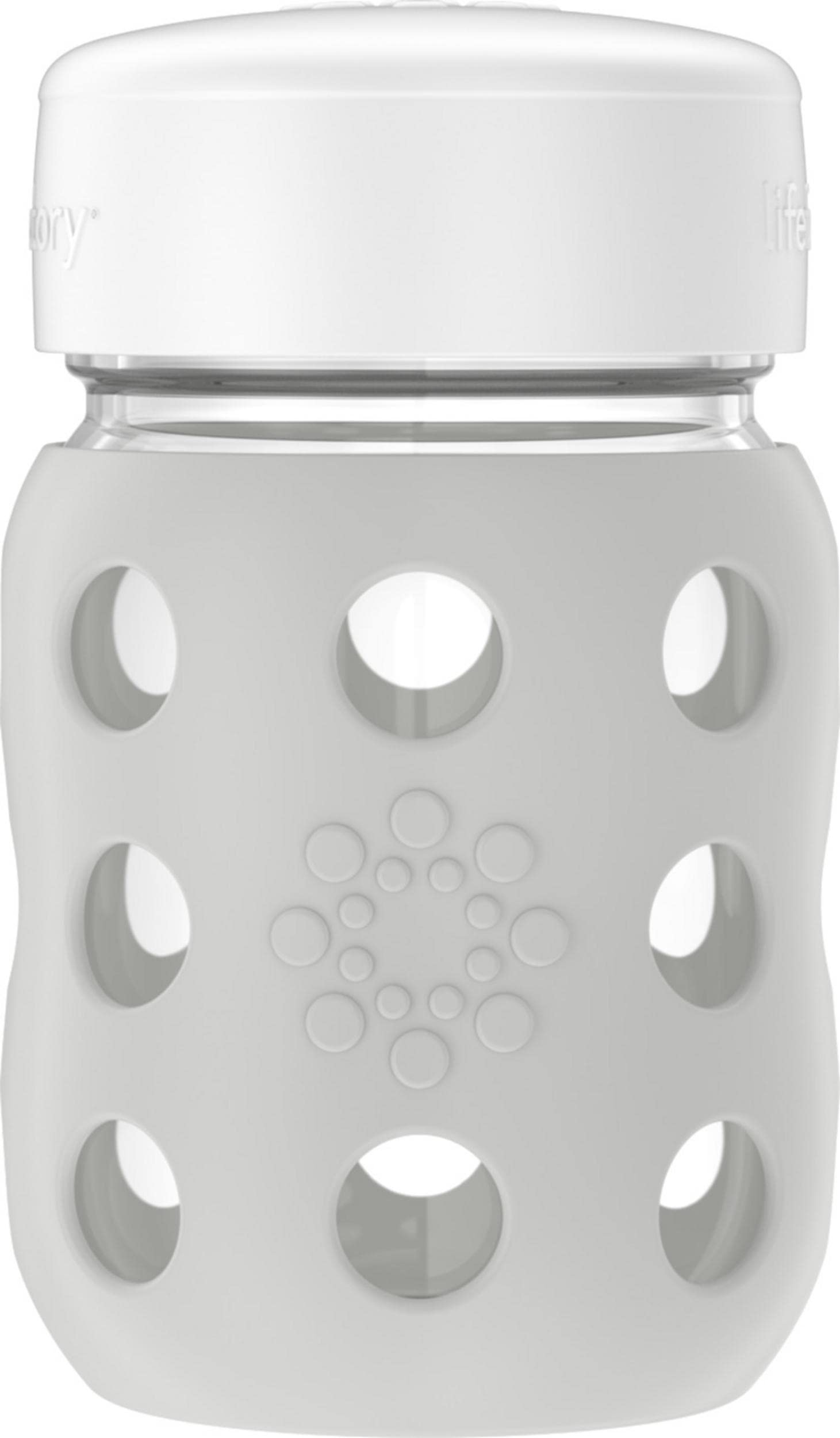Lifefactory wide-neck baby bottle with silicone sleeve for easy grip and safe handling