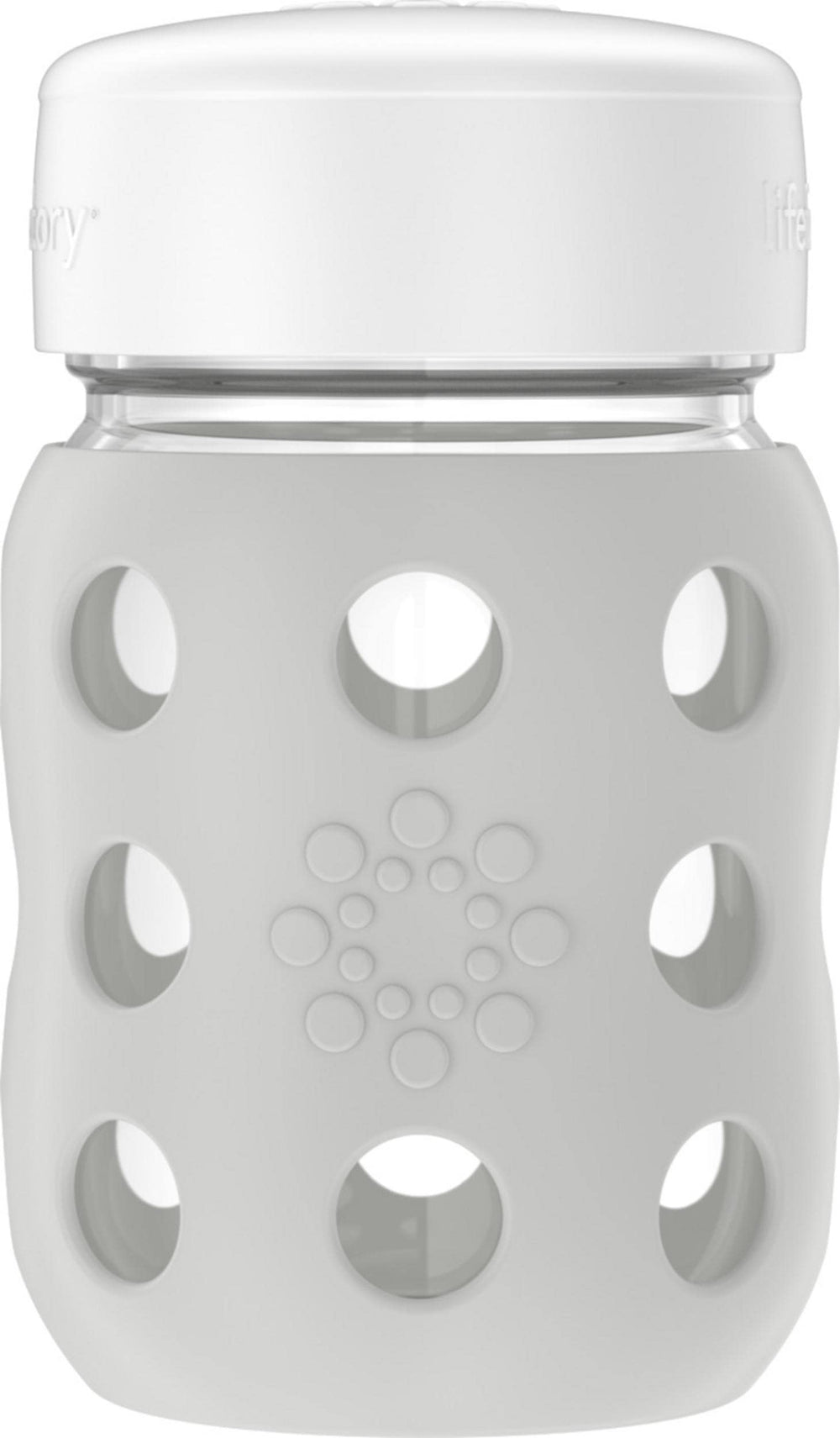 Lifefactory wide-neck baby bottle with silicone sleeve for easy grip and safe handling