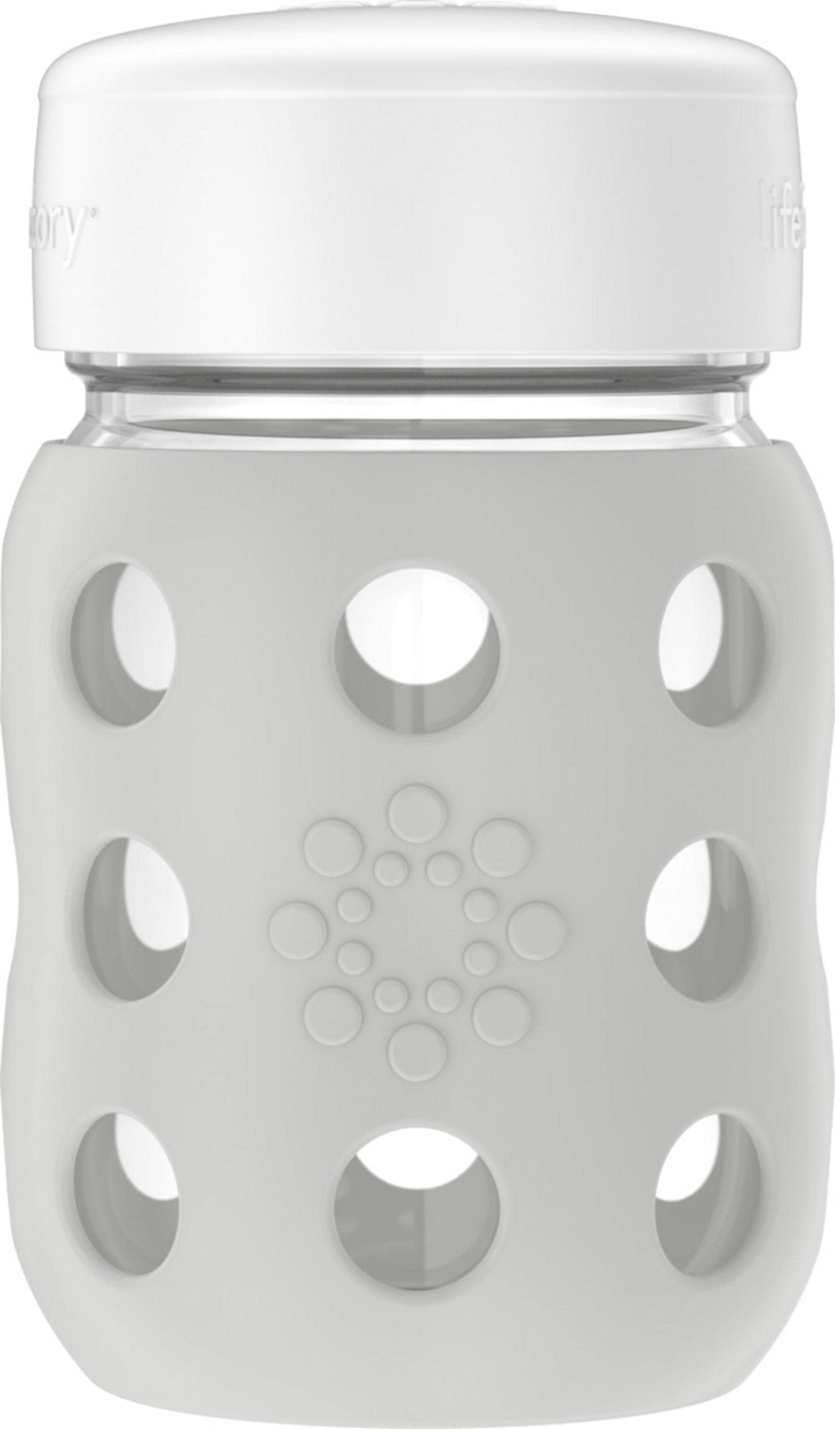 Lifefactory wide-neck baby bottle with silicone sleeve for easy grip and safe handling