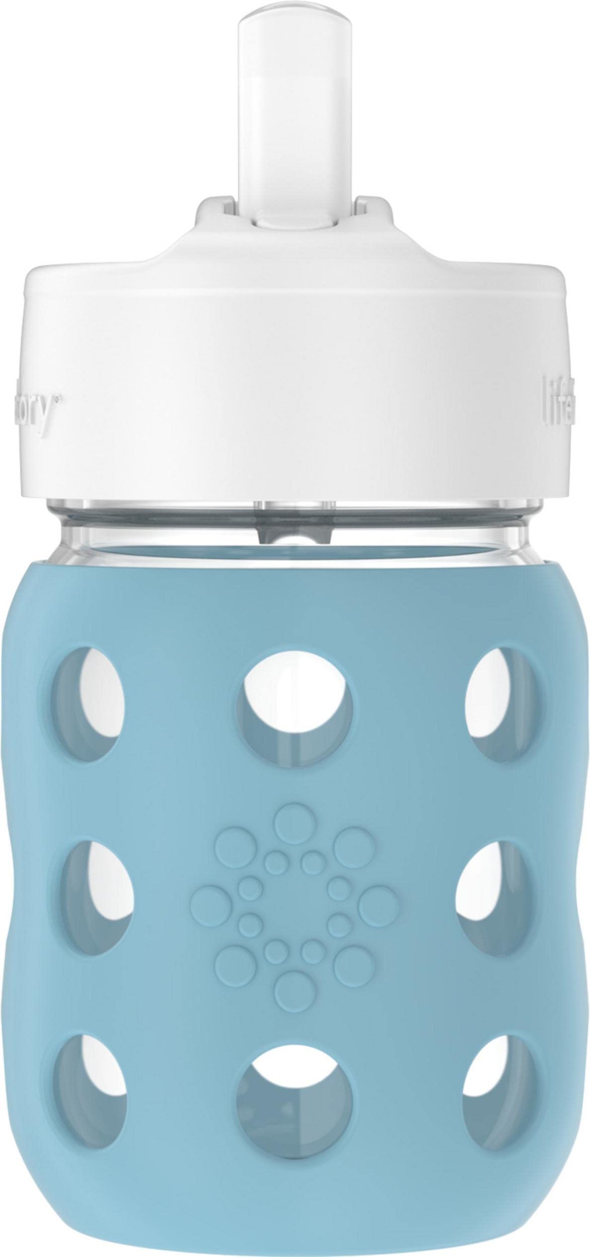 Lifefactory wide-neck glass baby bottle with denim silicone sleeve, easy filling and secure grip