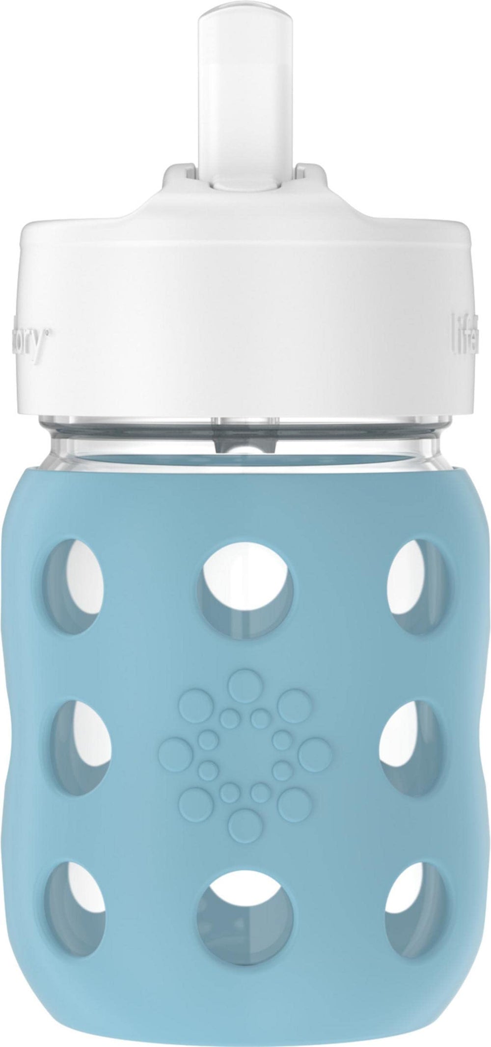 Lifefactory wide-neck glass baby bottle with denim silicone sleeve, easy filling and secure grip