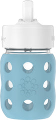 Lifefactory wide-neck glass baby bottle with denim silicone sleeve, easy filling and secure grip