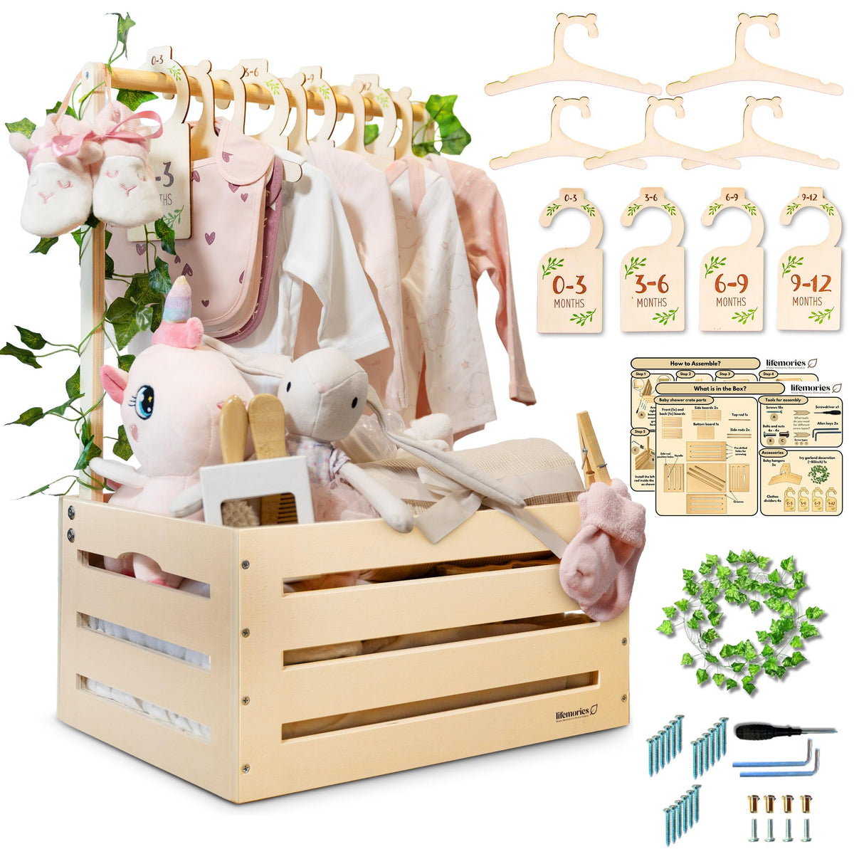 Lifemories wooden baby shower crate closet with hanger rack for organized nursery storage.