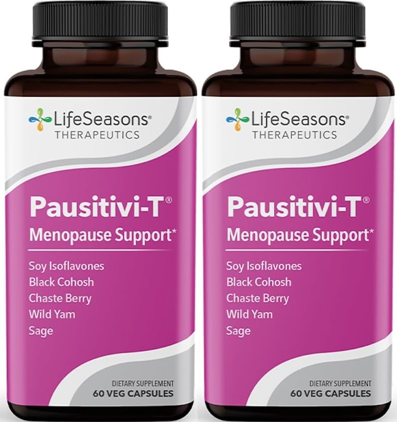 LifeSeasons Pausitivi-T bottle for menopause support and potential hot flash relief.