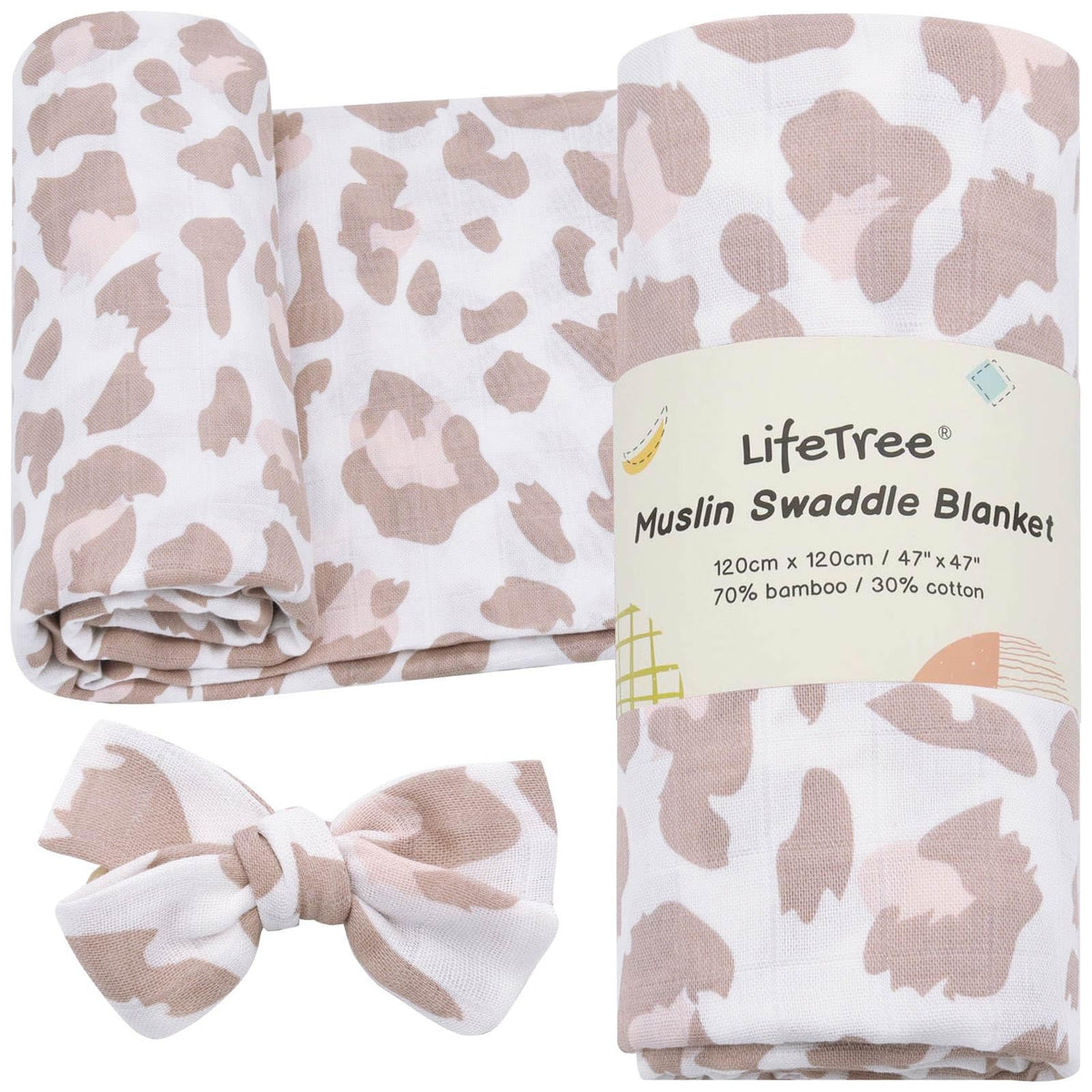 LifeTree baby muslin swaddle blanket in blush leopard for gentle comfort.