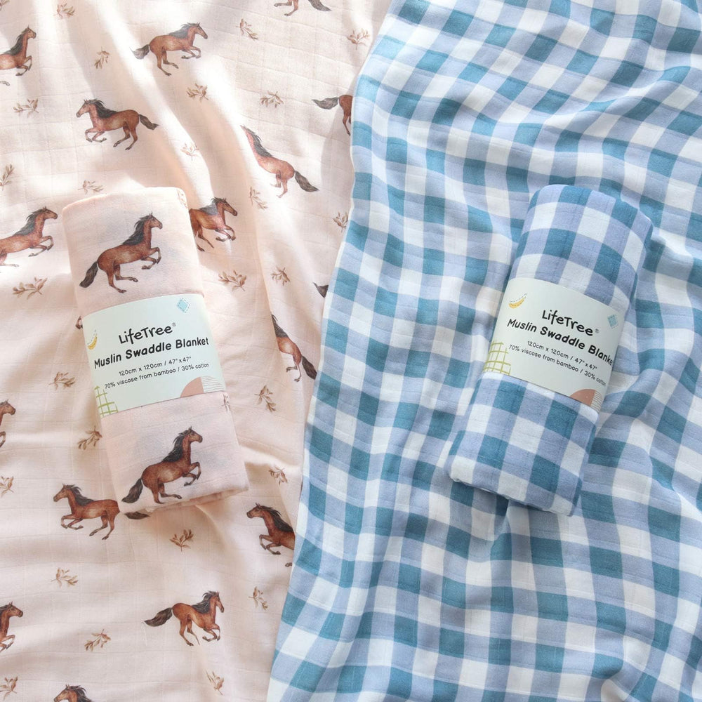 LifeTree swaddle blanket in blue checkered pattern offers breathable style for calm swaddling.