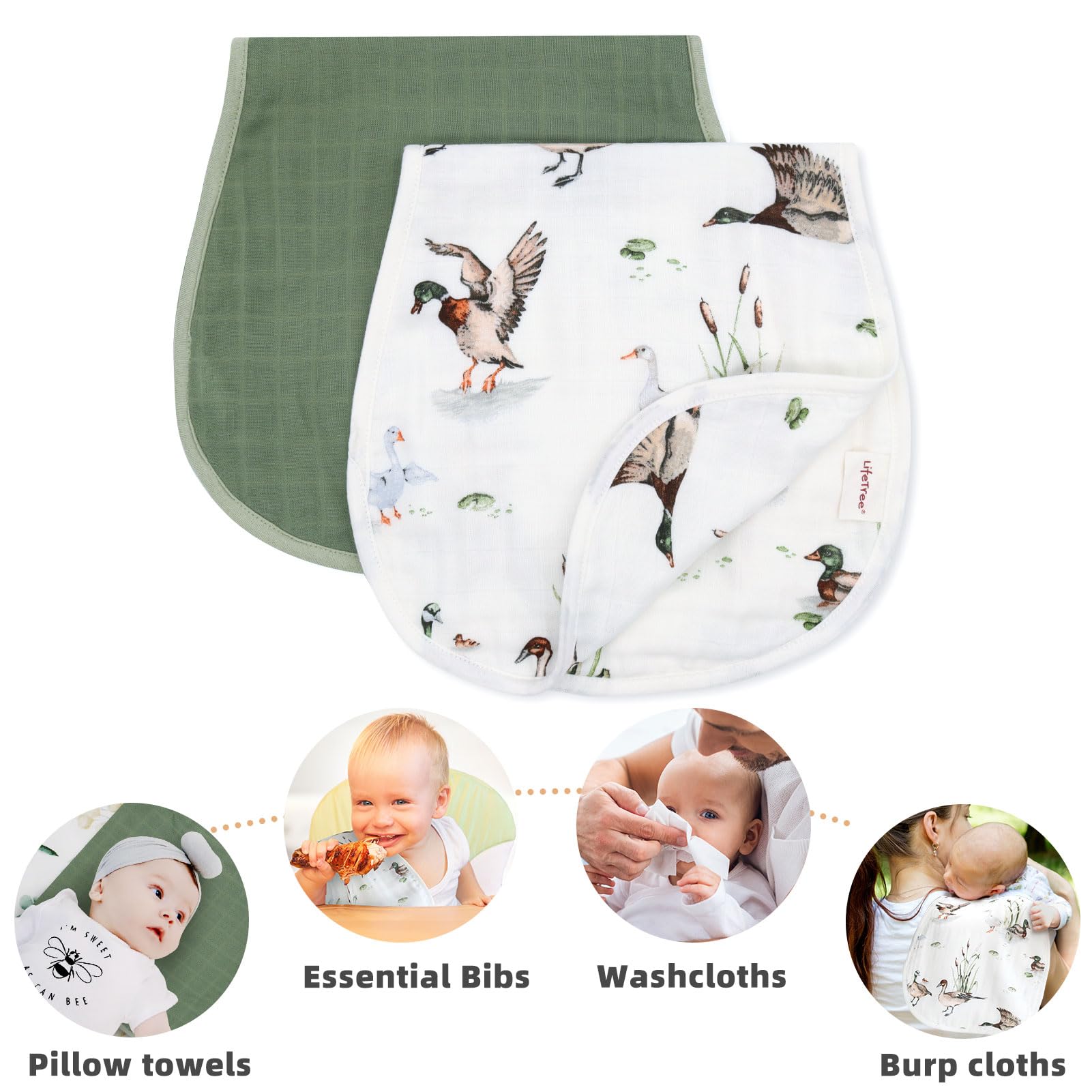 LifeTree burp cloth Olive print, gentle on sensitive newborn skin during feeds