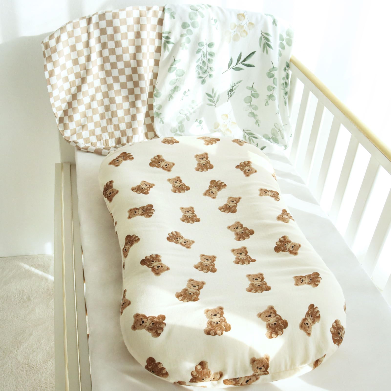Bear pattern complements universal nursery decor for girls and boys.