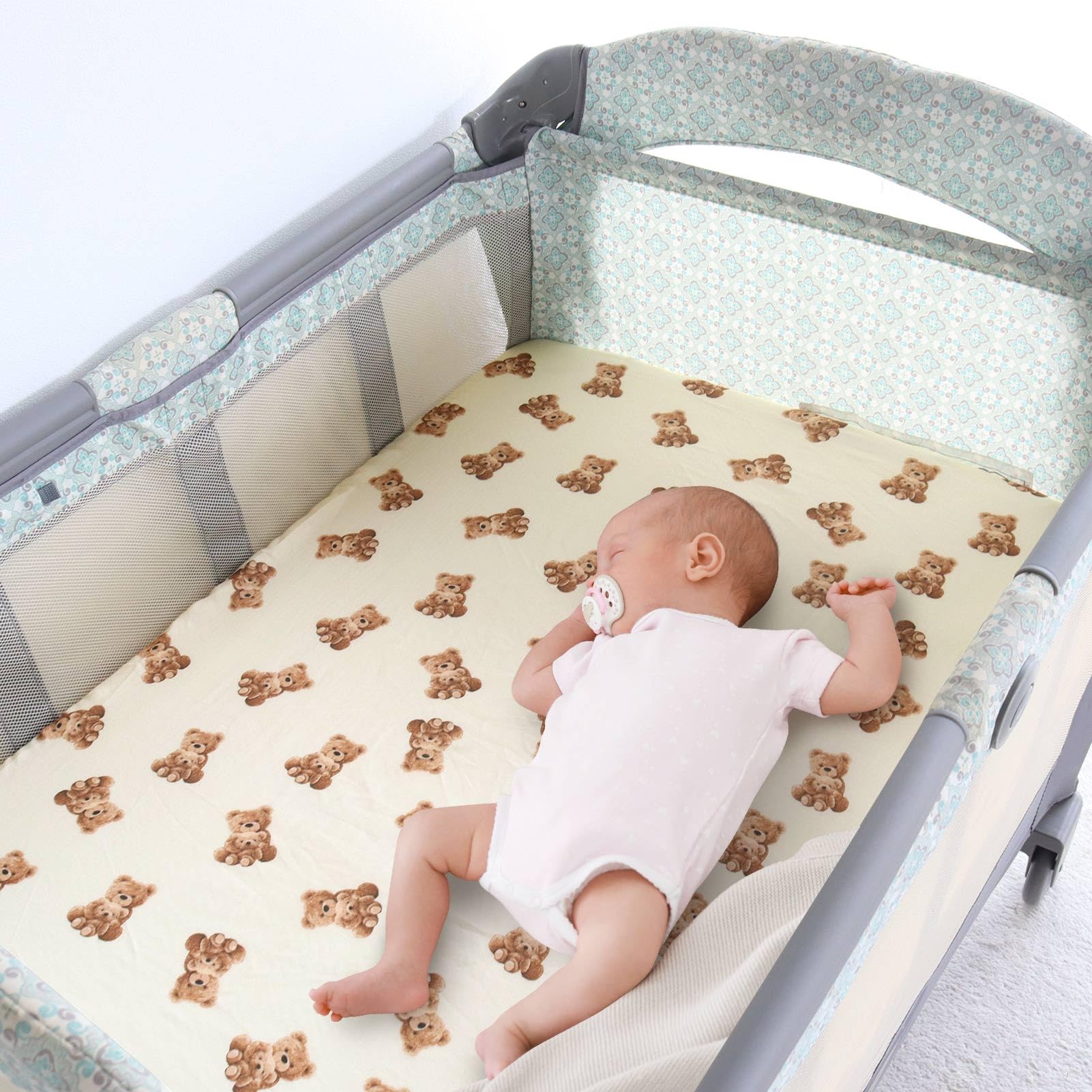 LifeTree elastic-band fitted sheet stays secure on playard mattresses during play
