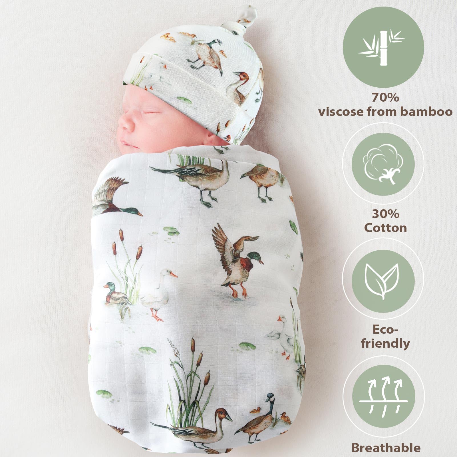 LifeTree mallard-duck swaddle hat-set on newborn head for warmth.