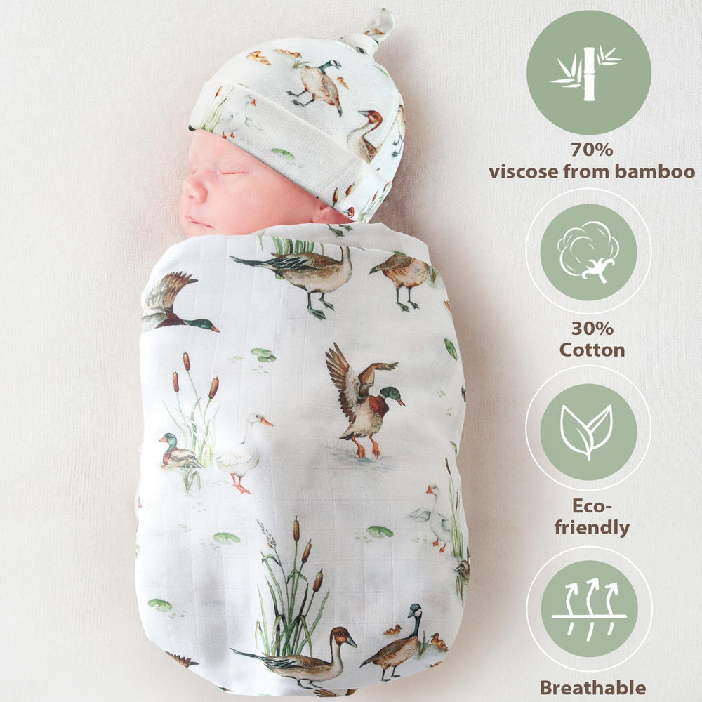 LifeTree mallard-duck swaddle hat-set on newborn head for warmth.