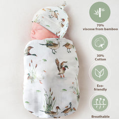 LifeTree mallard-duck swaddle hat-set on newborn head for warmth.