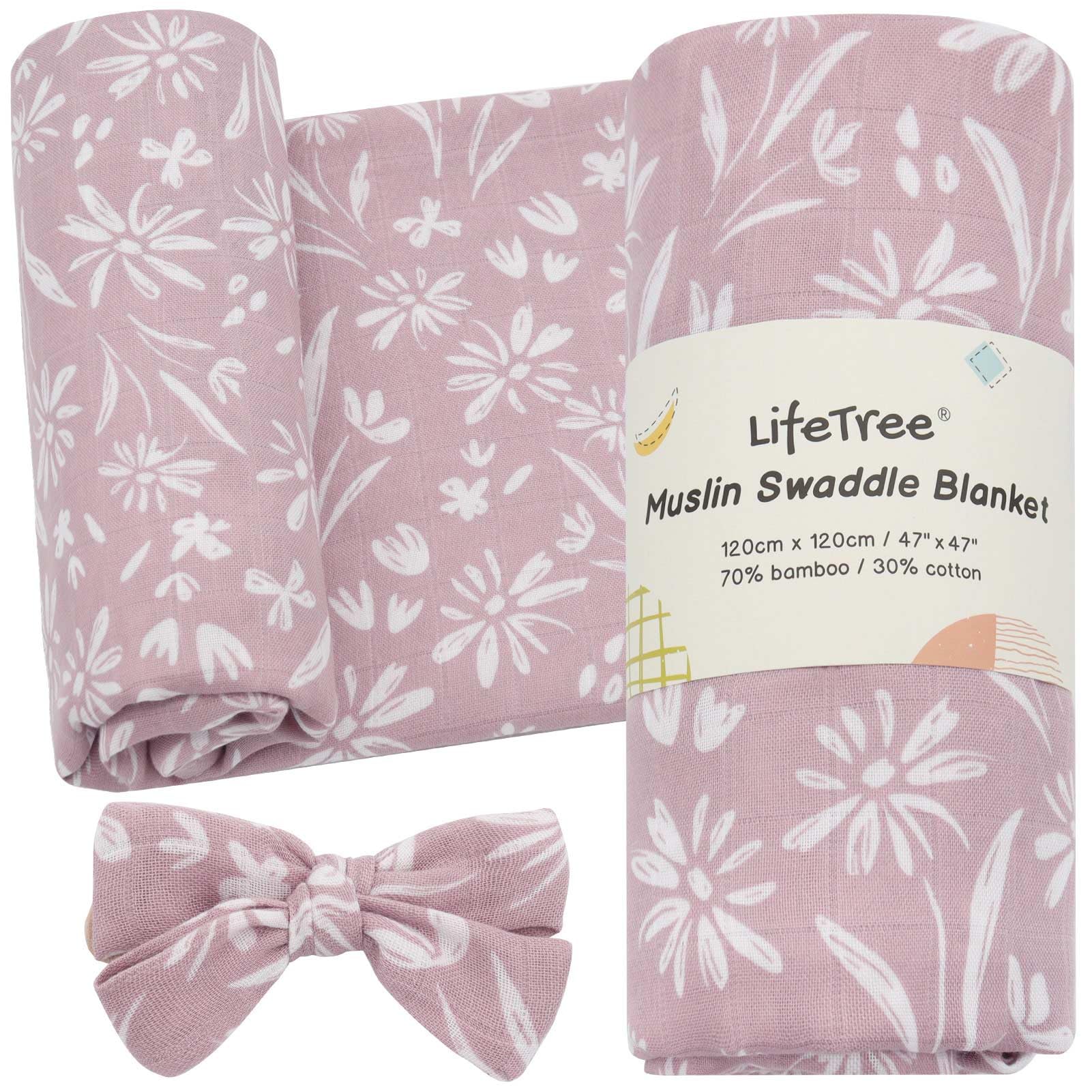 LifeTree mauve floral swaddle blanket with soft breathable muslin for newborn comfort