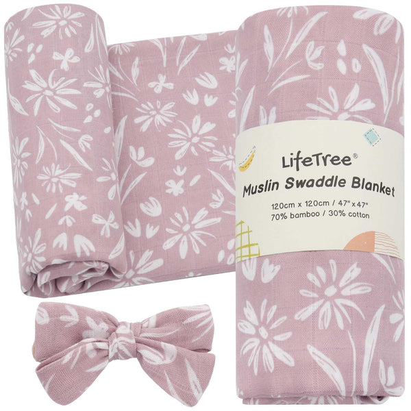 LifeTree mauve floral swaddle blanket with soft breathable muslin for newborn comfort