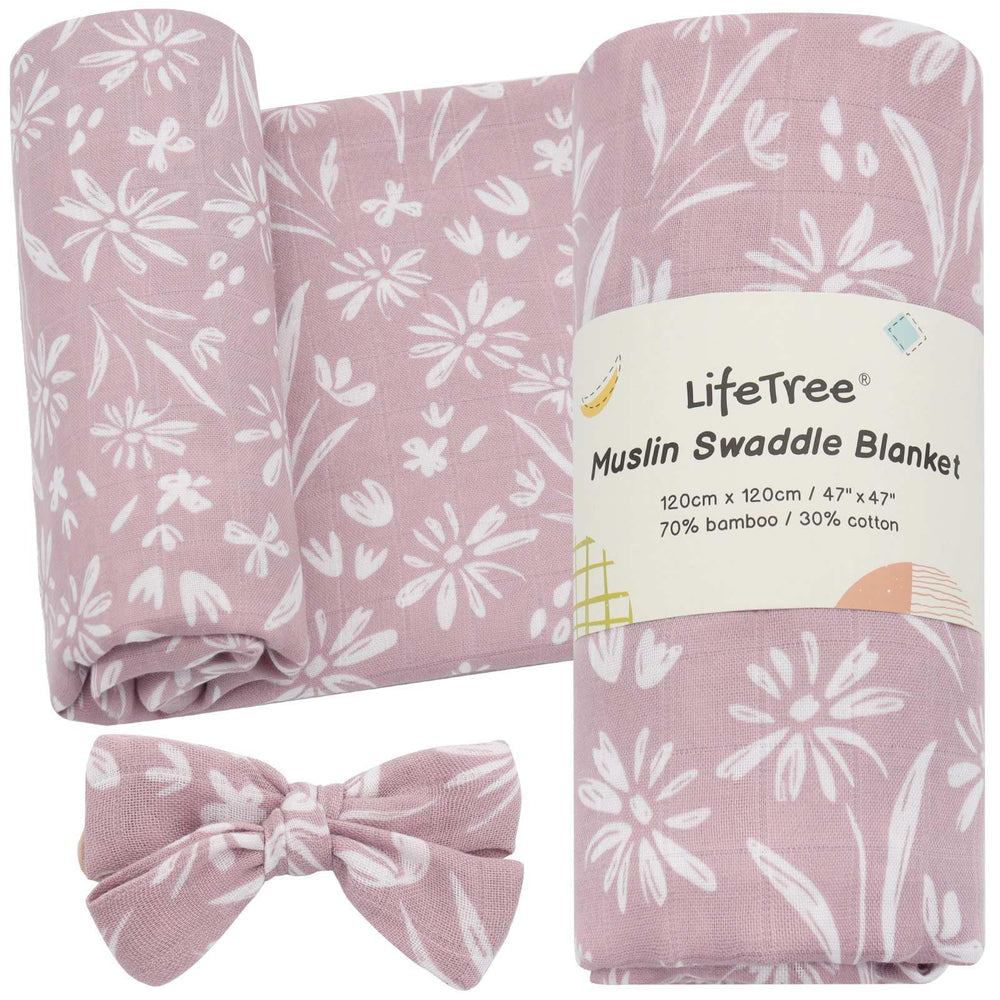 LifeTree mauve floral swaddle blanket with soft breathable muslin for newborn comfort