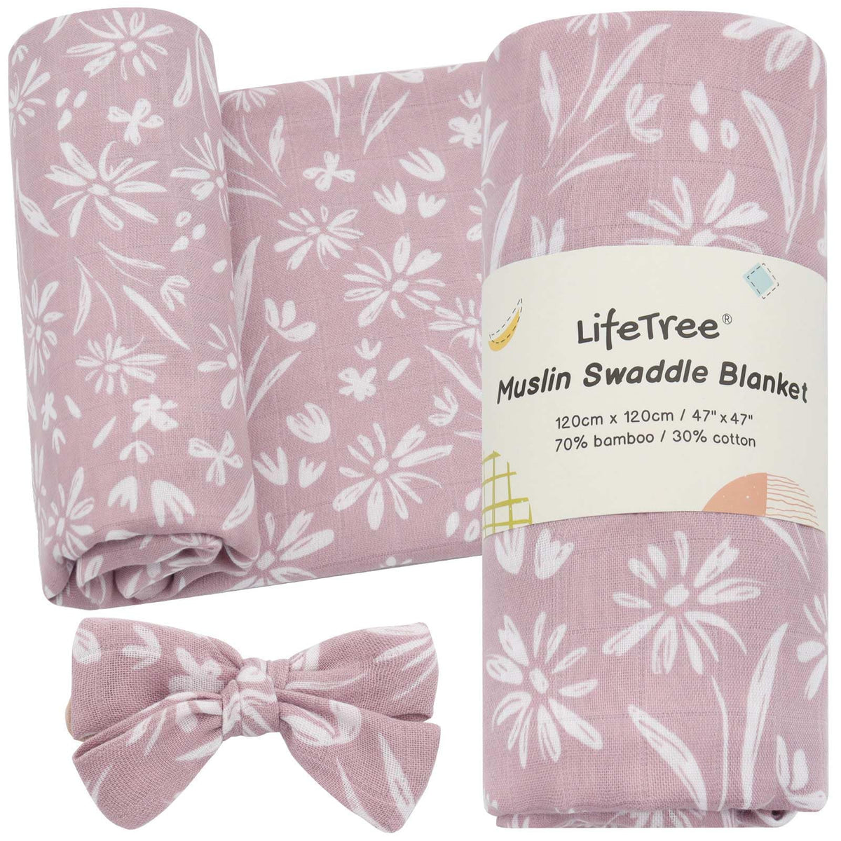 LifeTree mauve floral swaddle blanket with soft breathable muslin for newborn comfort
