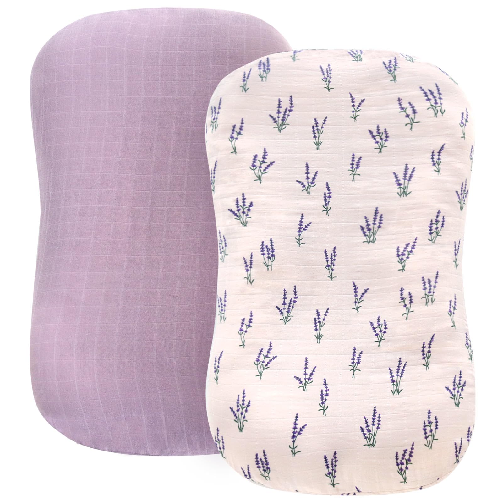 LifeTree muslin baby lounger cover with lavender pattern, breathable organic cotton for newborn comfort.